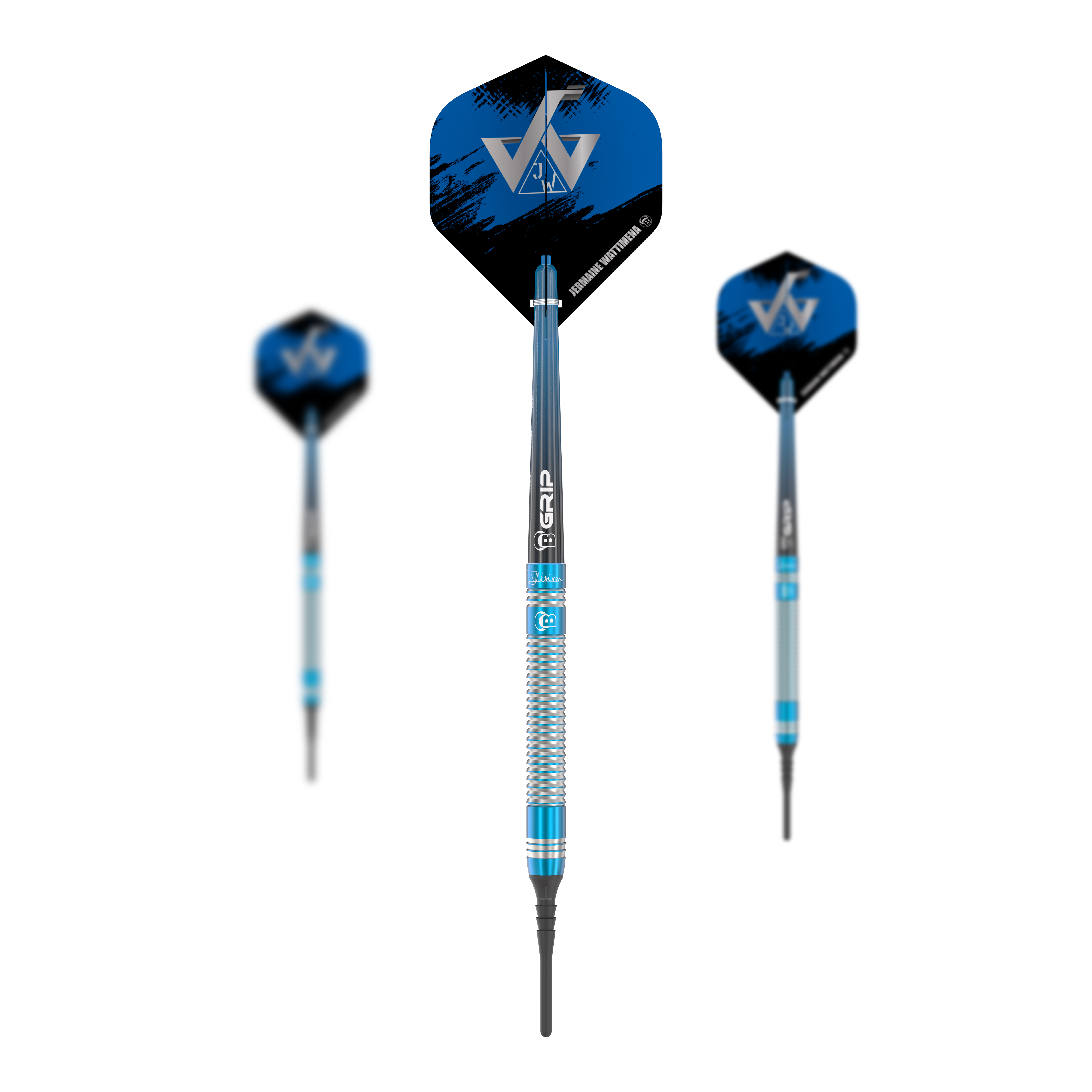 Fléchettes souples Bulls Jermaine Wattimena Génération 3 - 20 g Das Bild zeigt die Bulls Jermaine Wattimena Generation 3 Softdarts mit einem Gewicht von 20g. Die Darts haben ein blau-silbernes Design mit schwarzen und blauen Flights.