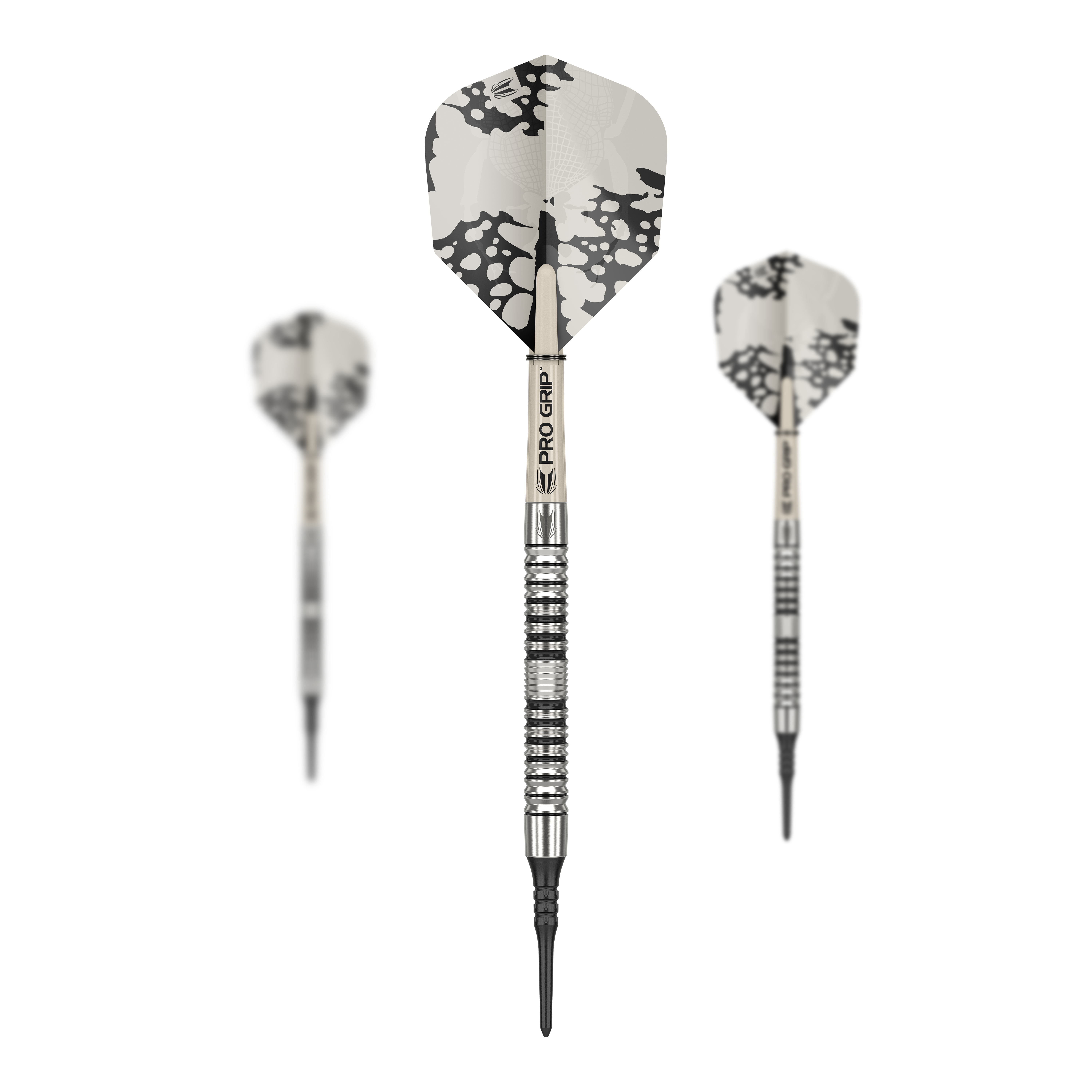 Fléchettes souples Target EXO 10 Das Bild zeigt drei Target EXO 10 Softdarts mit silbernen Schäften und schwarz-weißen Flights. Die Darts haben eine strukturierte Griffzone und sind für Präzision im Spiel ausgelegt.