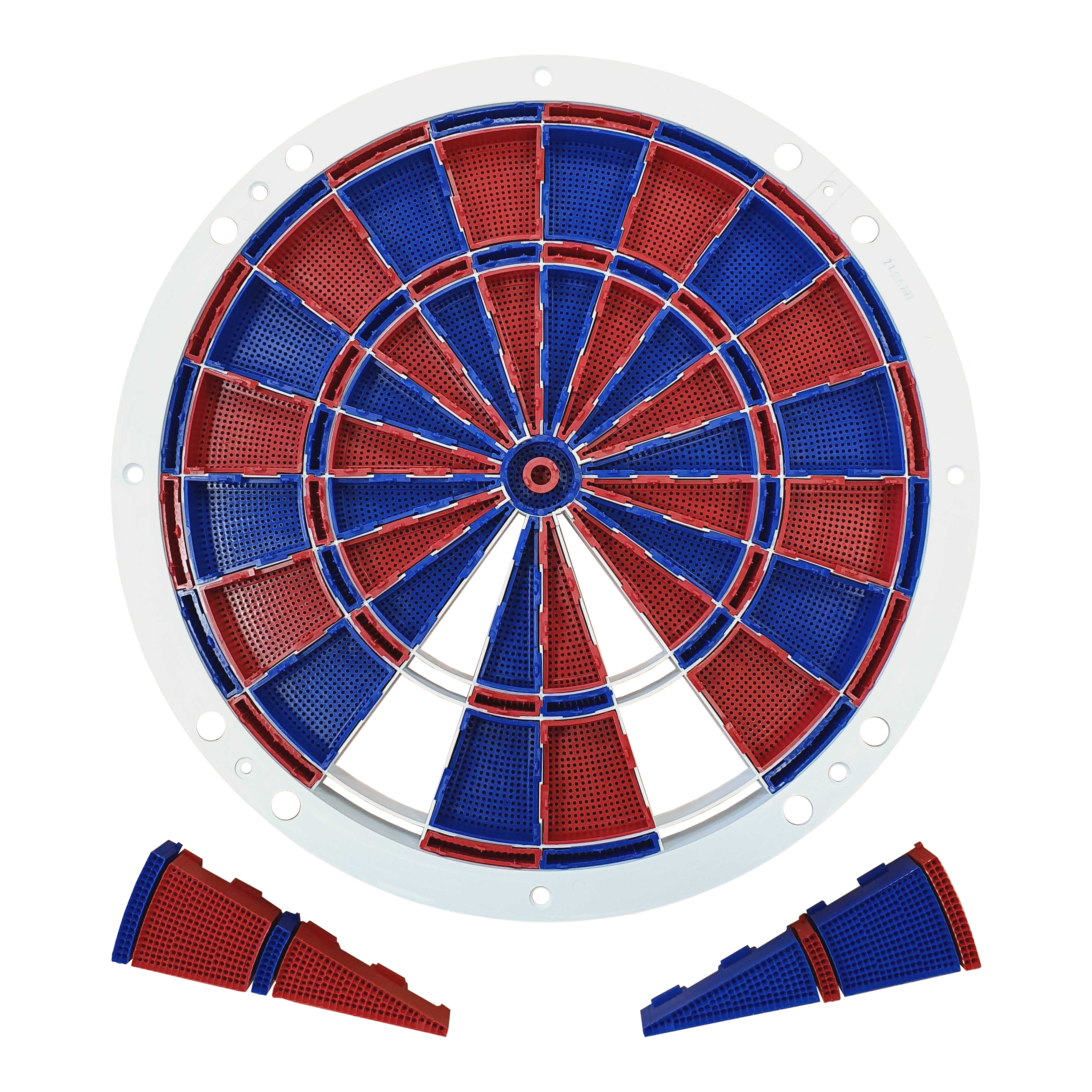 Pièces de rechange Löwen Dart 82 segments et ensemble d'araignées Auf dem Bild ist ein Ersatzteil-Set für eine elektronische Dartscheibe zu sehen. Die Segmente sind abwechselnd rot und blau gefärbt und werden von einem weißen Rahmen gehalten.