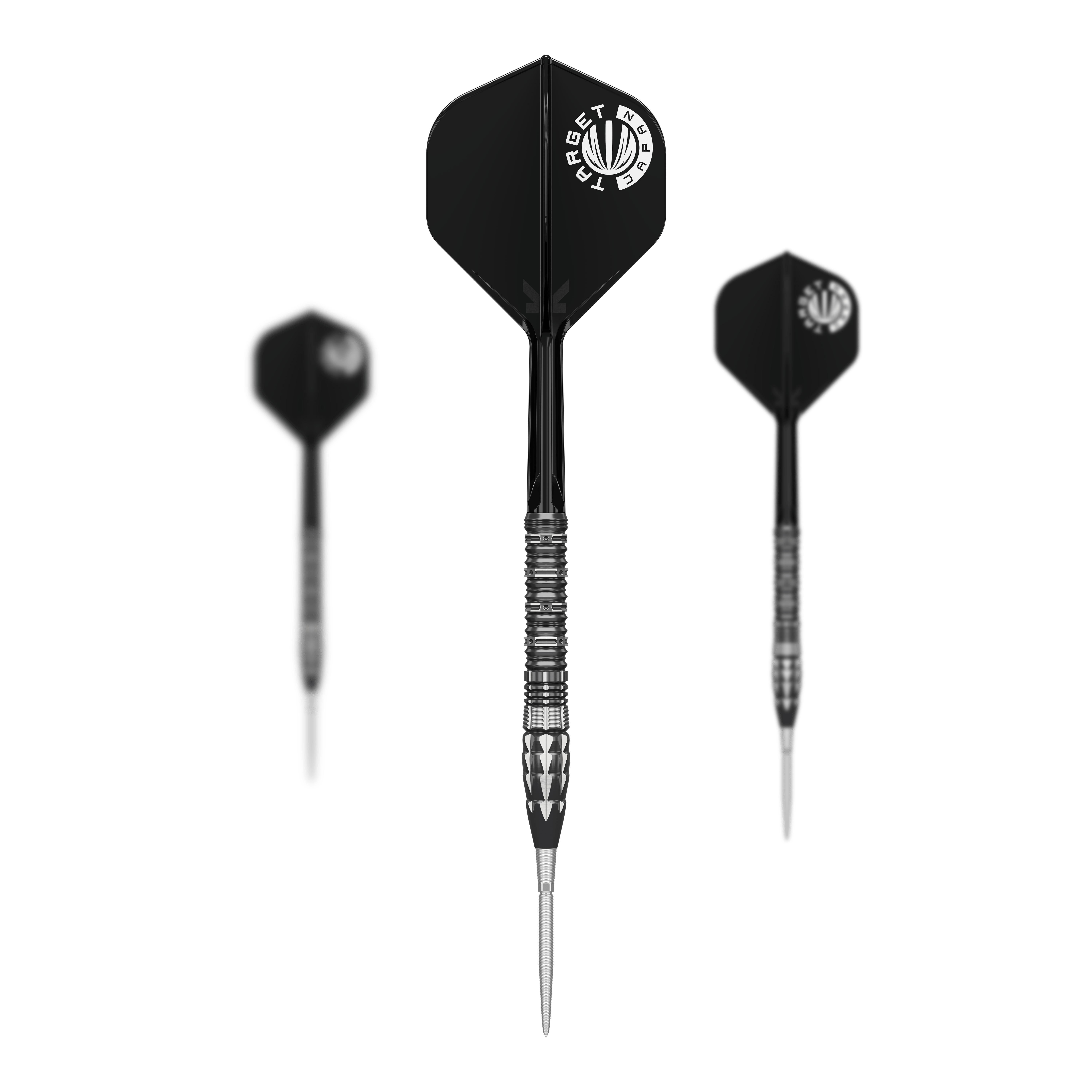 Fléchettes en acier Target Japan Pyro GEN12 à pointe suisse Ein Target Japan Pyro GEN12 Swiss Point Set mit drei Darts. Die Verpackung und alle Komponenten werden nebeneinander gezeigt.