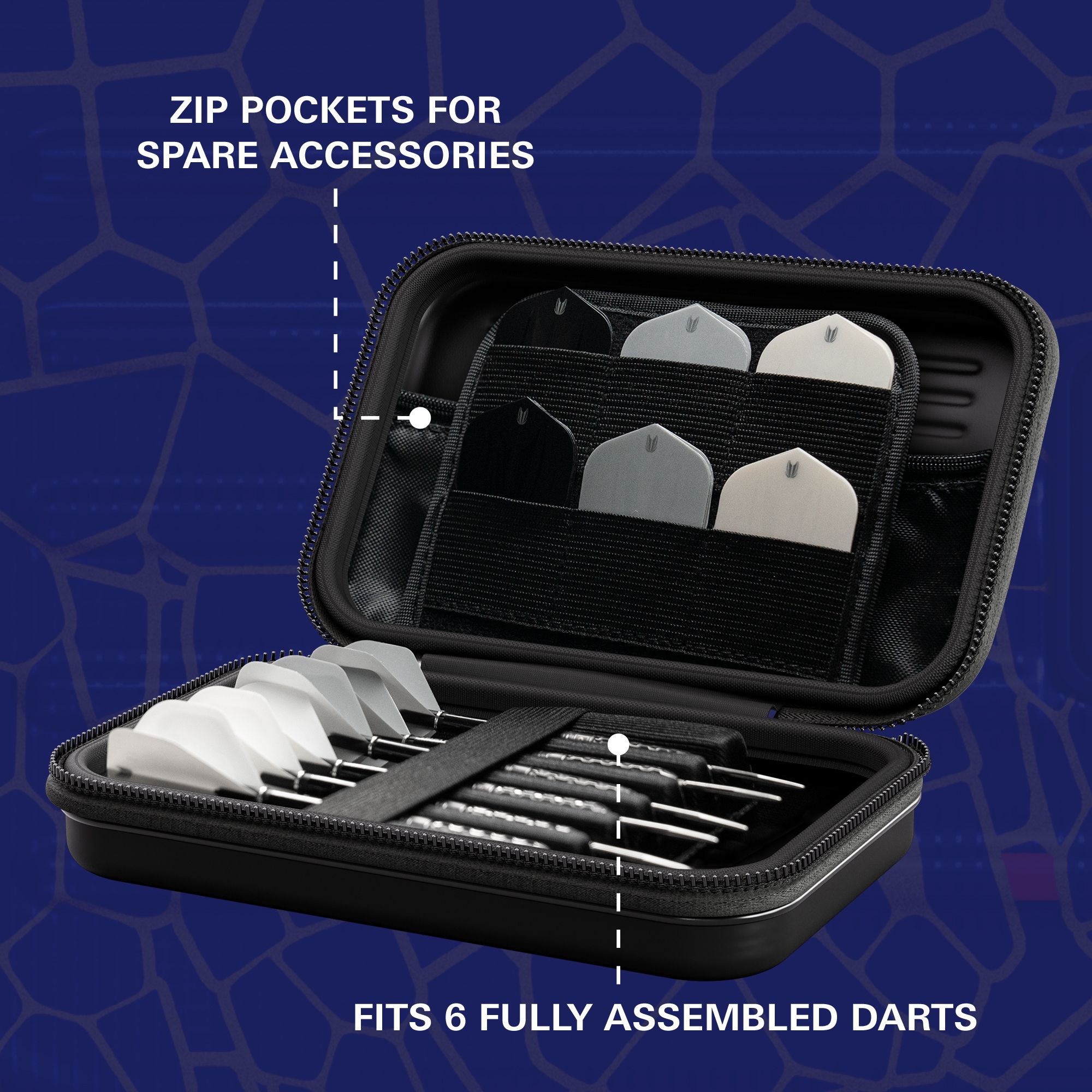Étui à fléchettes Target Takoma Josh Rock XL Das Bild zeigt das Produkt "Target Takoma Josh Rock XL Dartcase". Es bietet Platz für sechs vollständig montierte Darts und hat Reißverschlusstaschen für Ersatz-Zubehör.