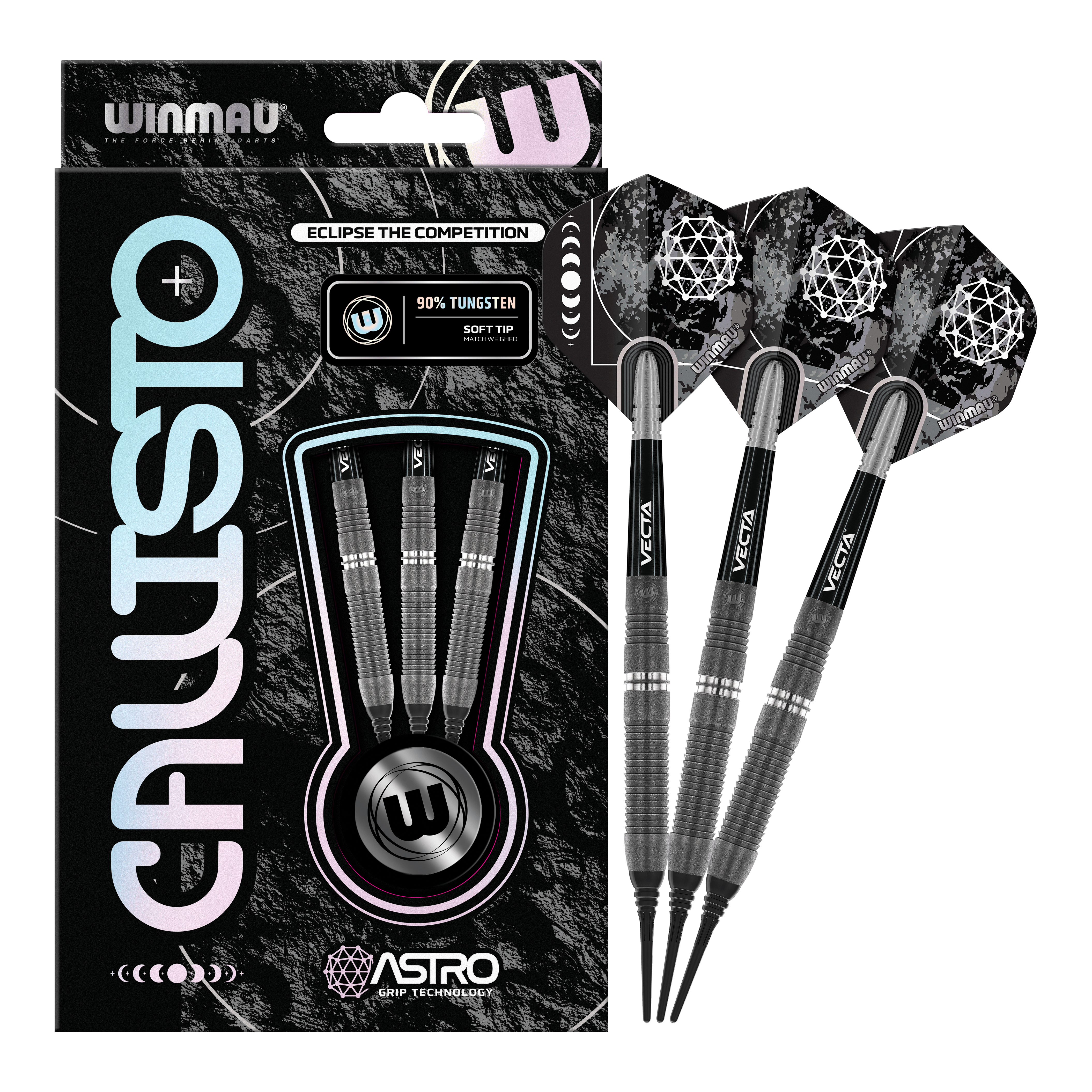 Das Bild zeigt die Winmau Callisto 03 Softdarts mit einem Gewicht von 20g. Die Verpackung enthält drei schwarze Softdarts mit auffälligen Flights und dem Hinweis auf 90% Tungsten.