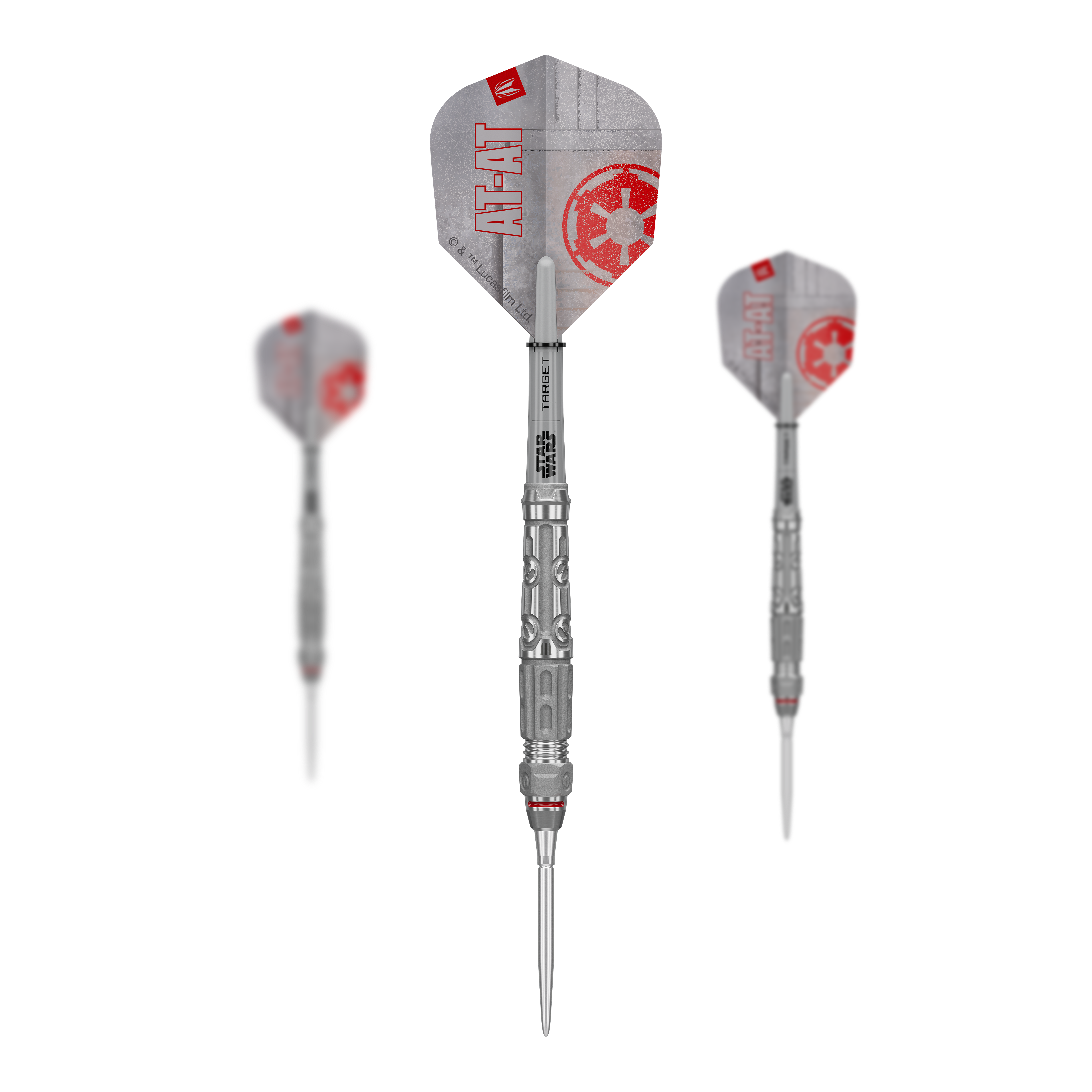 Auf dem Bild ist das Produkt Target Star Wars AT-AT Swiss Point Steeldarts im Set zu sehen. Es zeigt die Zusammenstellung der Dartpfeile in ihrer Verpackung.