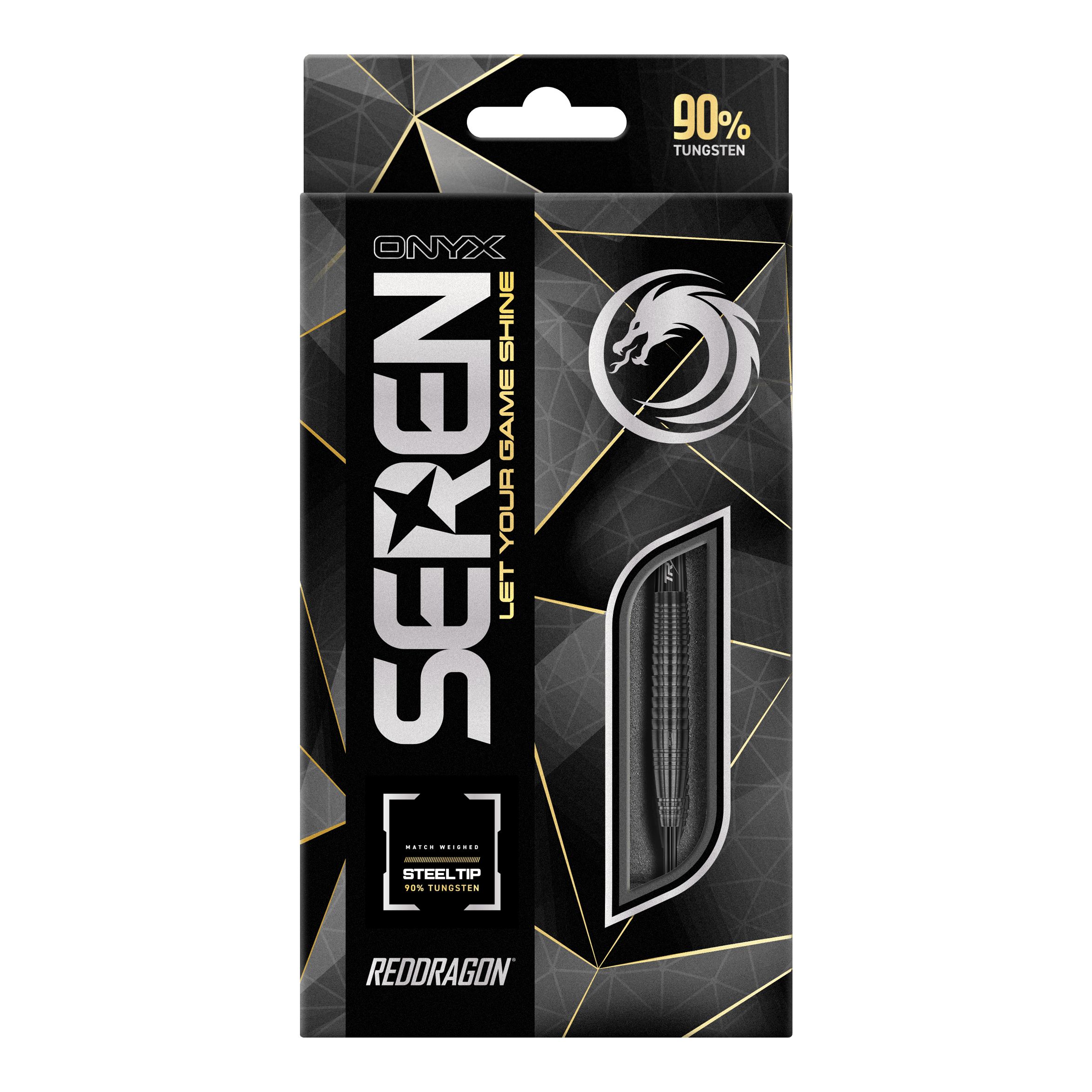 Fléchettes en acier Onyx Seren 4 du Dragon Rouge Das Bild zeigt die Verpackung der "Red Dragon Seren 4 Onyx Steeldarts". Auf der Verpackung steht, dass die Darts aus 90% Tungsten bestehen.