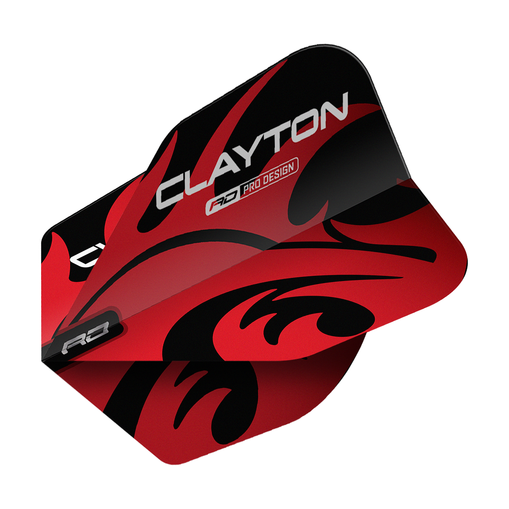 Dragon Rouge Jonny Clayton Rouge Noir N°6 Vols Das Bild zeigt ein Dart-Flight mit dem Produktnamen "Red Dragon Jonny Clayton Red Black No6 Flights". Das Flight ist rot und schwarz gestaltet und trägt den Schriftzug „CLAYTON“.