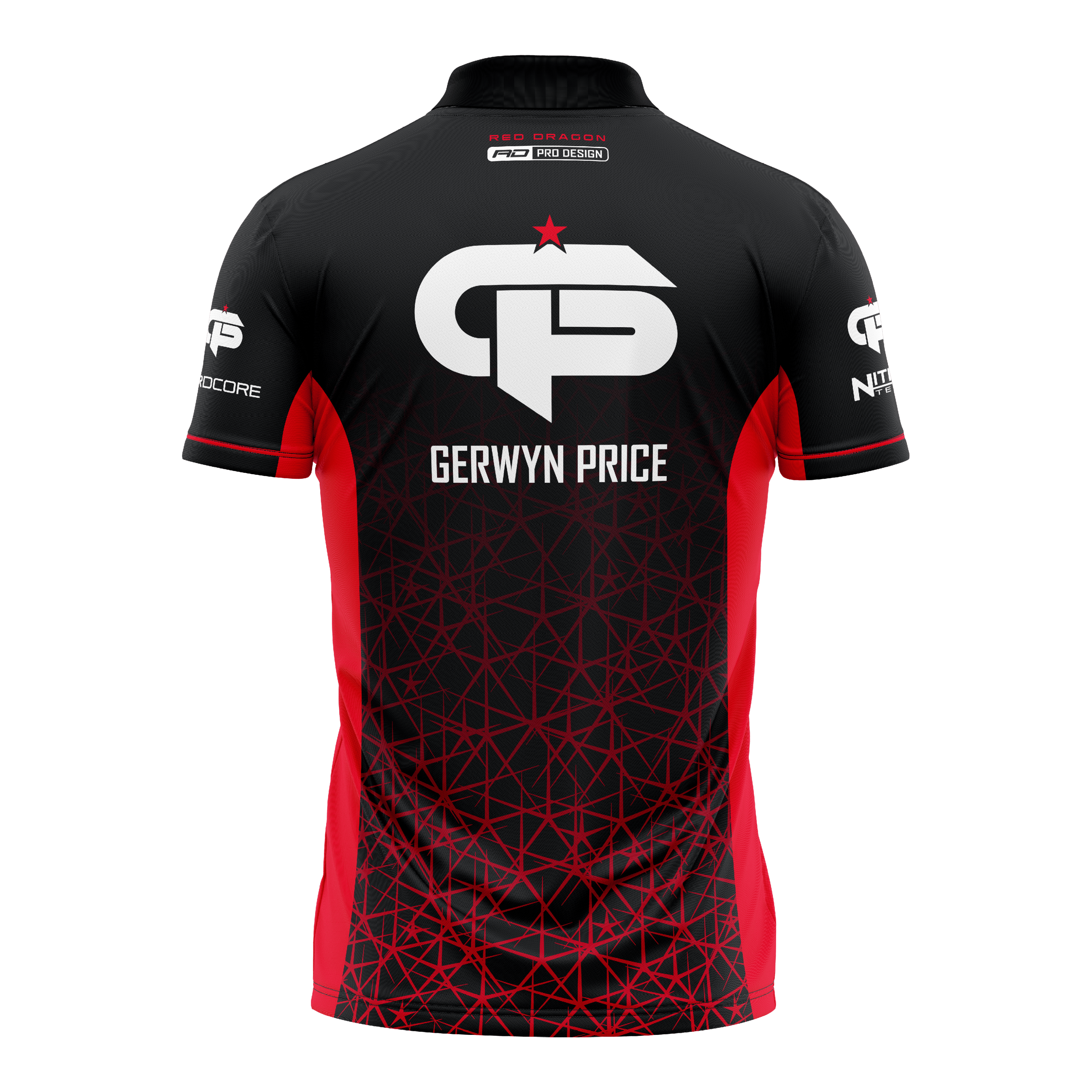 Red Dragon Gerwyn Price Polo rouge Tour Dart Dies ist ein schwarzes und rotes Dartshirt mit dem Namen "Gerwyn Price" auf dem Rücken. Auf dem Shirt befindet sich ein großes weißes Logo und geometrische rote Muster.