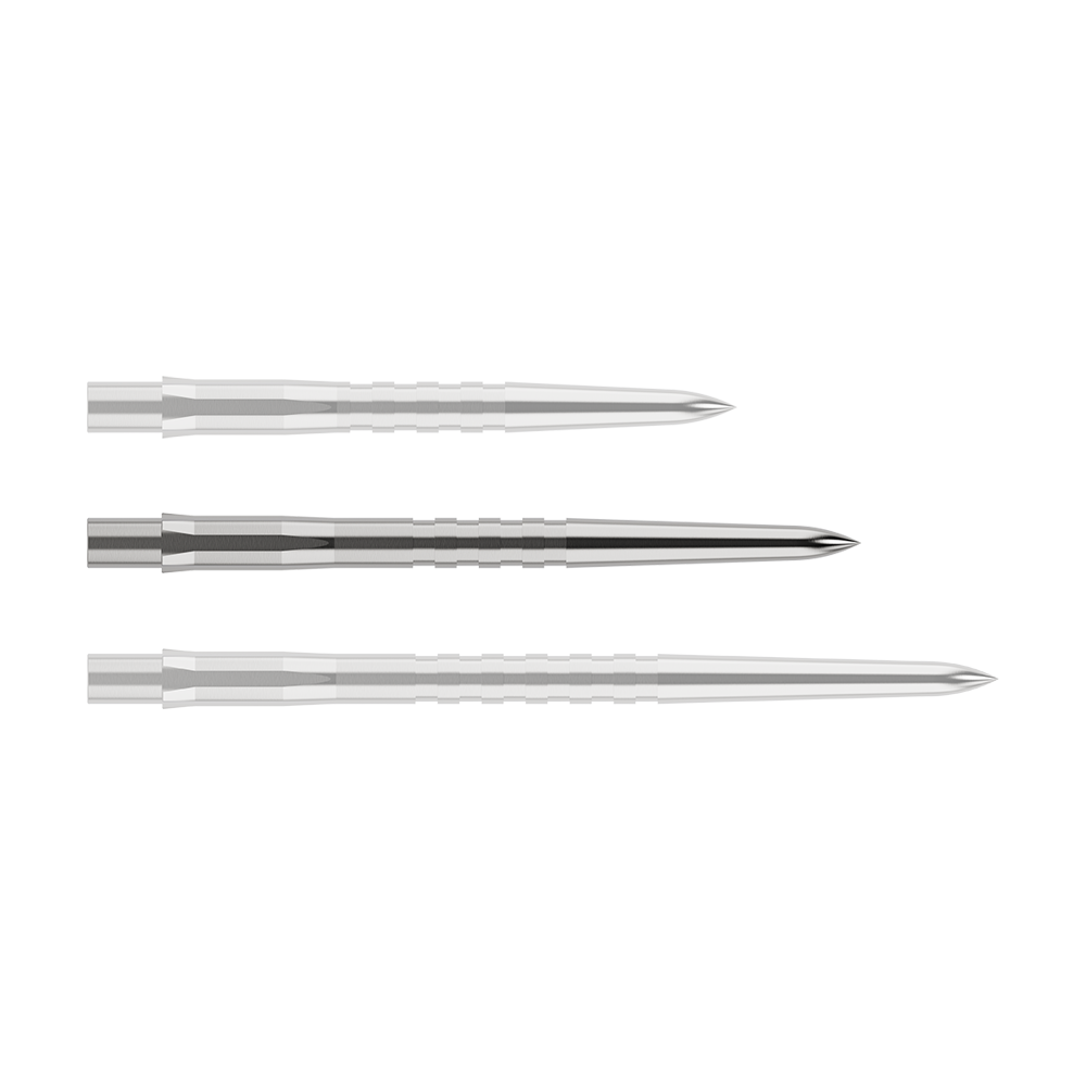 Embouts de fléchettes Mission Caliburn EVO - Rainurés - Argent Auf dem Bild sind drei silberne, gerillte Stahlspitzen für Dartpfeile zu sehen. Sie liegen waagerecht und parallel zueinander vor weißem Hintergrund.