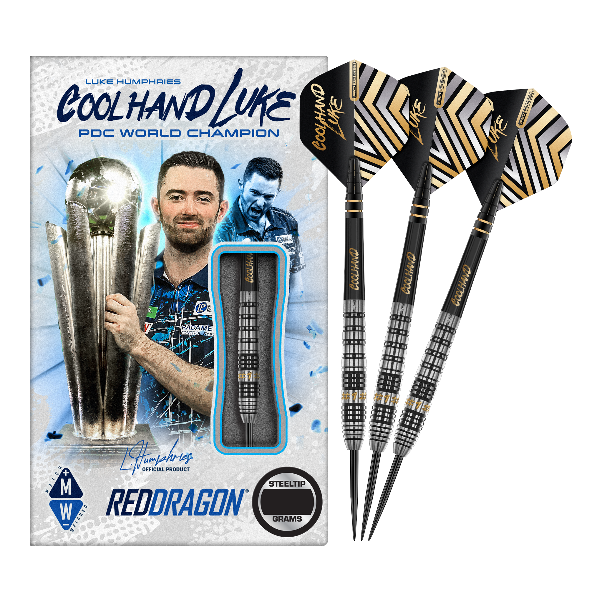 Fléchettes en acier Red Dragon Luke Humphries Prestige Das Bild zeigt eine Packung "Red Dragon Luke Humphries Prestige Steeldarts" mit einem Bild von Luke Humphries als PDC Weltmeister. Neben der Verpackung sind drei schwarz-silberne Steeldarts mit speziellen Flights abgebildet.