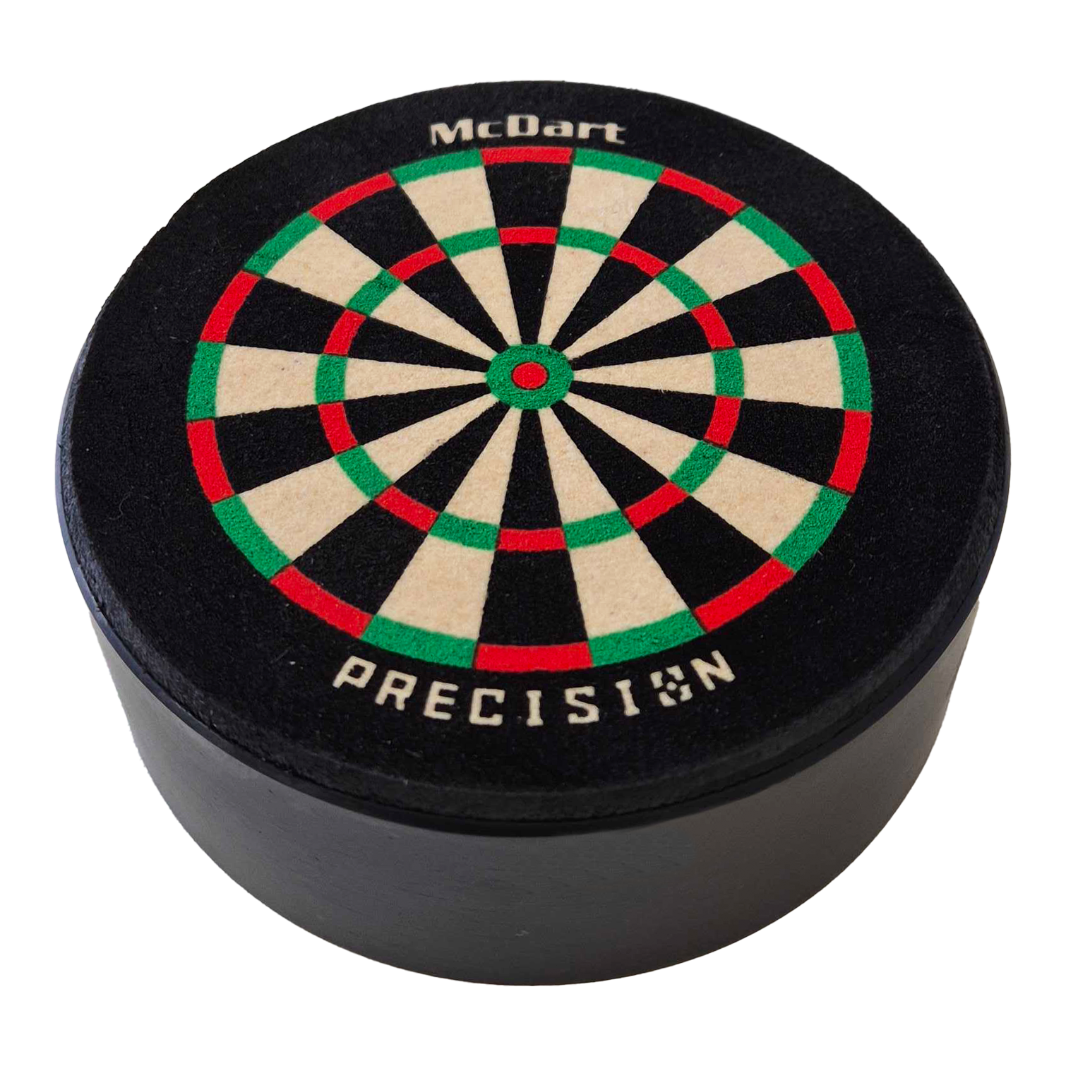 Porte-fléchettes McDart Precision Mini Dartboard Das Bild zeigt die McDart Precision Mini Dartboard Darthalter. Es ist eine kleine, runde Dartscheibe mit farbigen Segmenten und dem Schriftzug "McDart Precision" darauf.