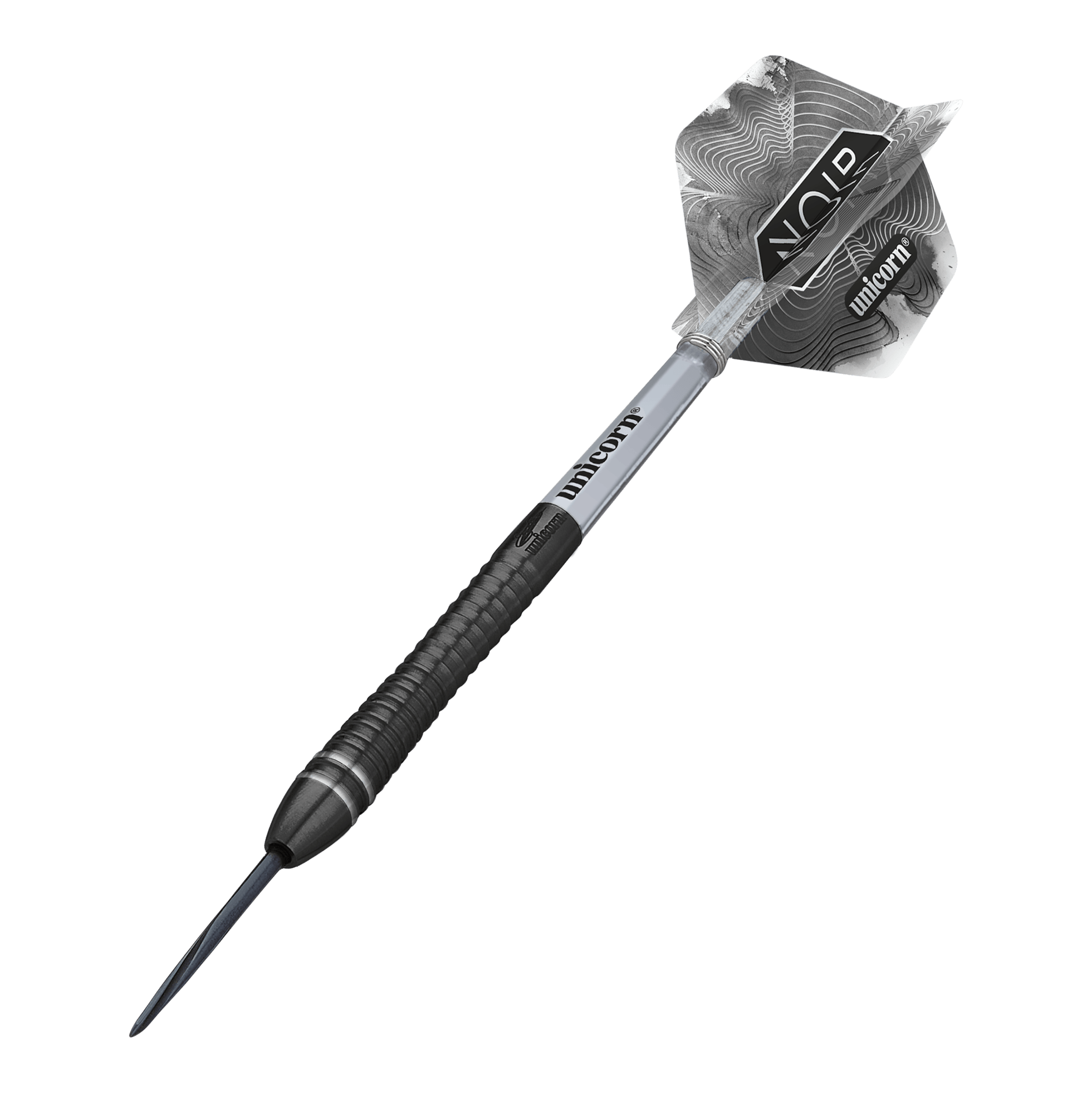 Gary Anderson, champion du monde de la licorne, fléchettes Steeldarts Noir Phase 6 Das Bild zeigt einen Steeldart aus der Produktreihe „Unicorn World Champion Gary Anderson Noir Phase 6“. Der Dart hat ein modernes, schwarzes Design mit silbernen Akzenten und individuell gestaltetem Flight.