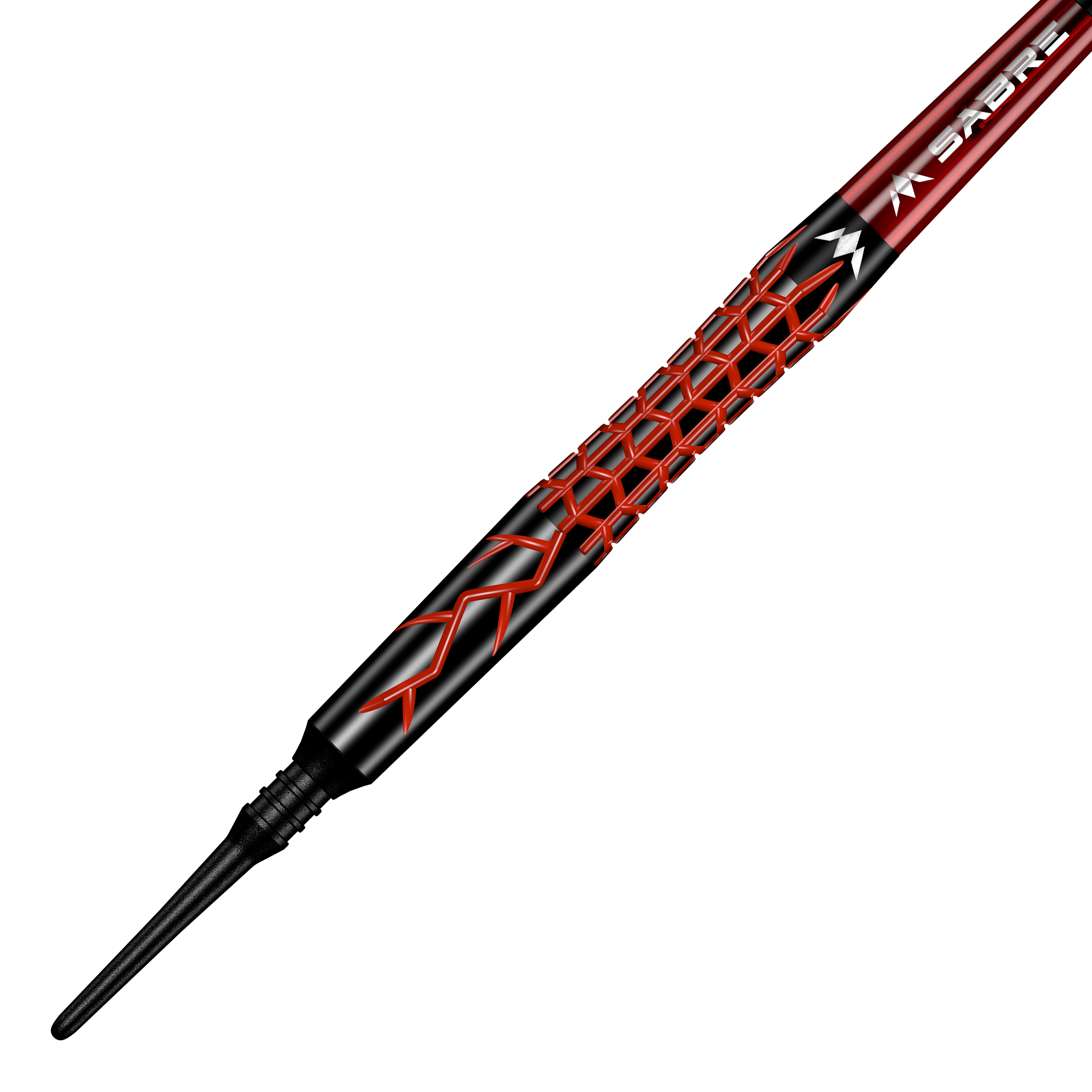 Fléchettes en mousse Mission Lava - 20 g Das Bild zeigt den Mission Lava Softdart mit einem Gewicht von 20 Gramm. Der Dartpfeil hat ein auffälliges schwarzes und rotes Design mit geometrischem Muster auf dem Griff.