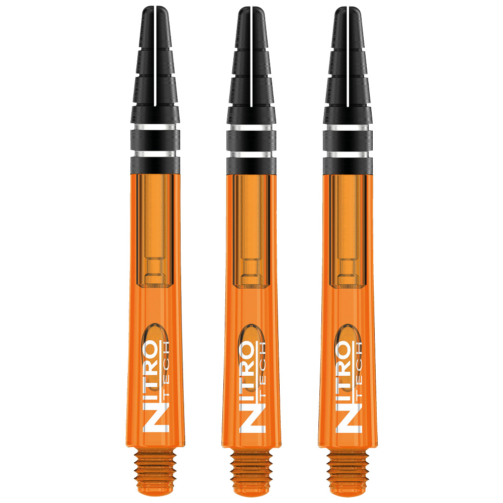 Das Bild zeigt drei orangefarbene RedDragon Nitrotech Shafts. Sie sind speziell für Dartpfeile entworfen und haben schwarze Spitzen.