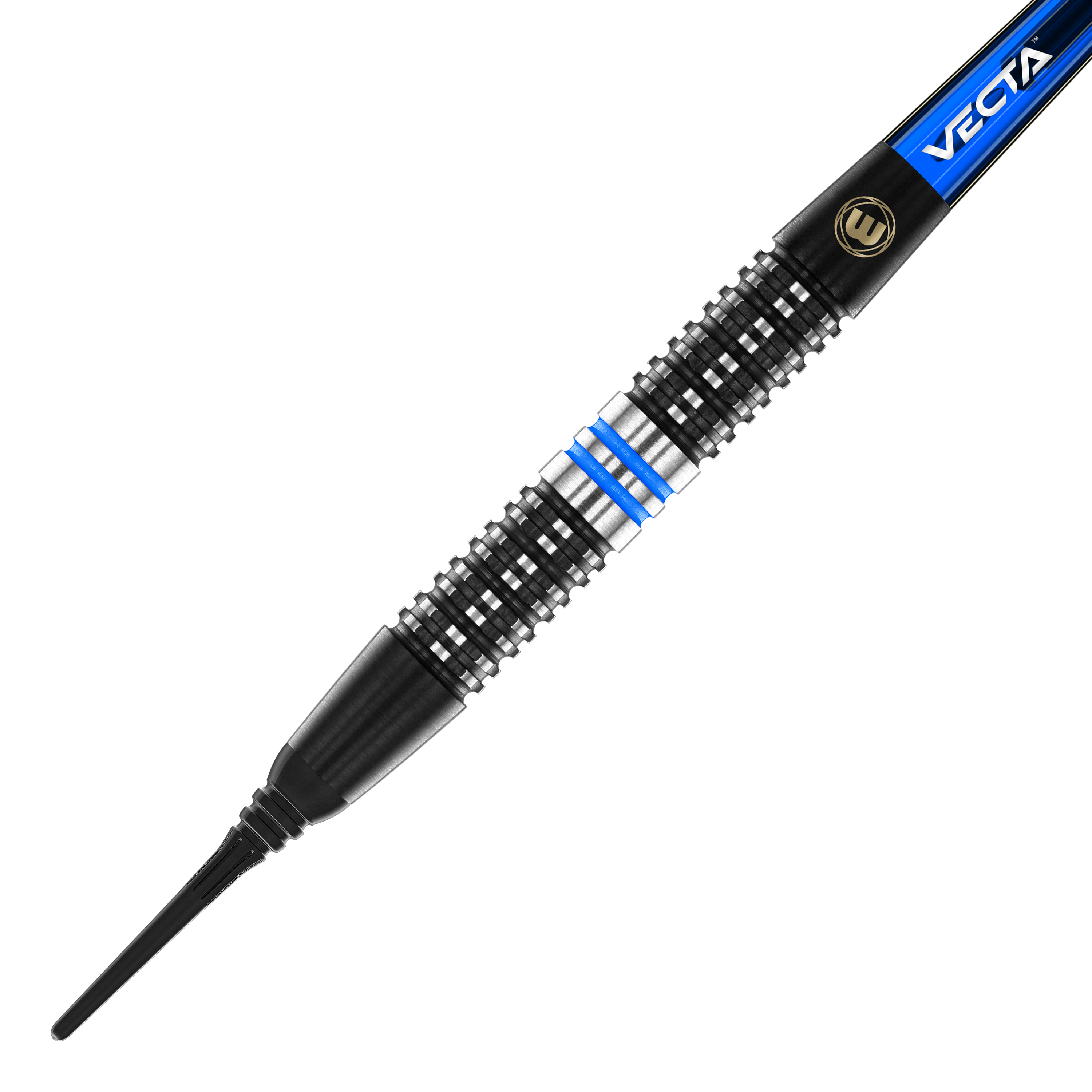 Fléchettes souples Winmau Galactics - 20 g Das Bild zeigt einen Winmau Galactics Softdart mit einem Gewicht von 20 Gramm. Der Dart hat ein schwarzes Griffteil mit silbernen und blauen Akzenten.