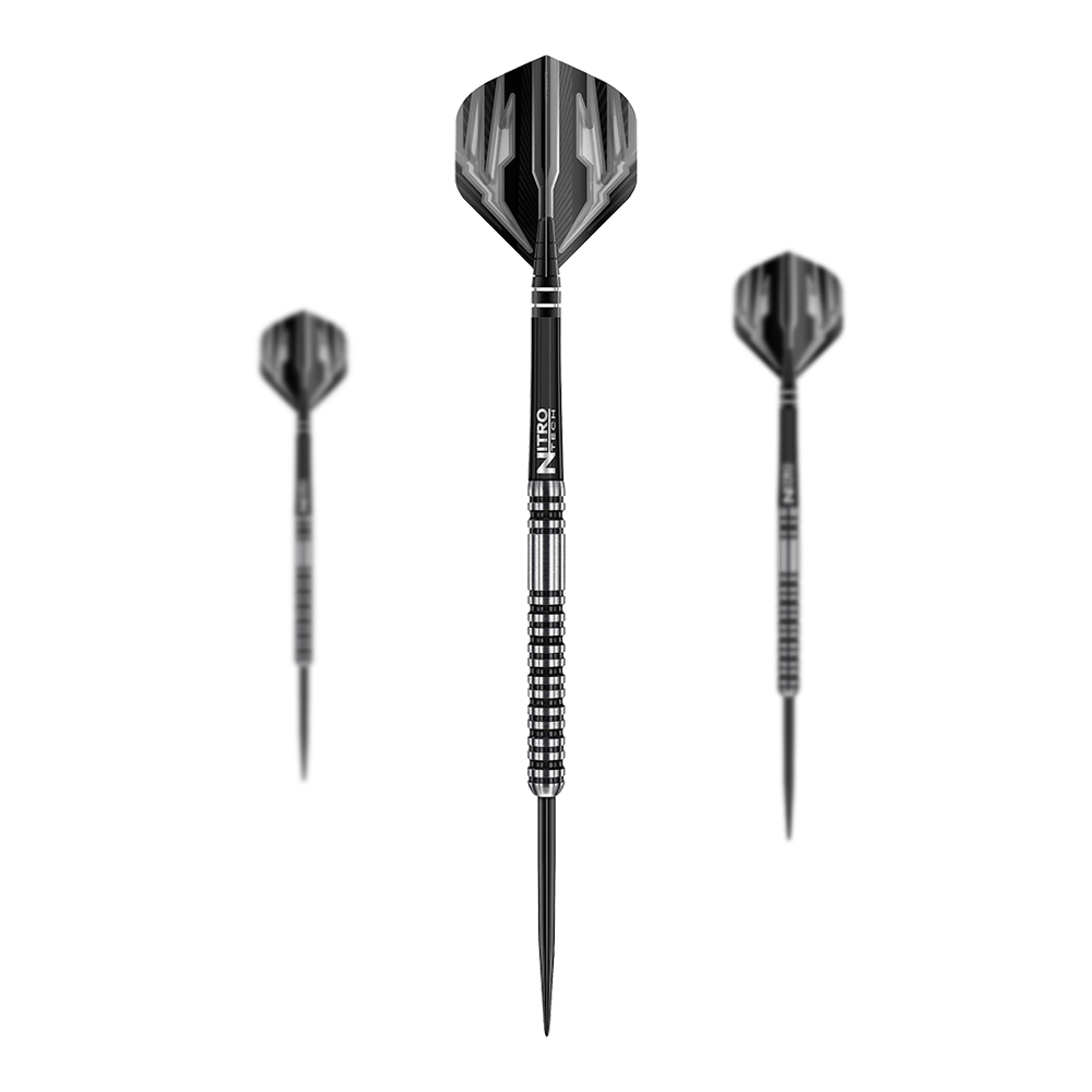Das Bild zeigt drei Steeldarts des Modells "Red Dragon Dragonfly 3". Die Darts haben ein schwarz-silbernes Design mit strukturiertem Griff.