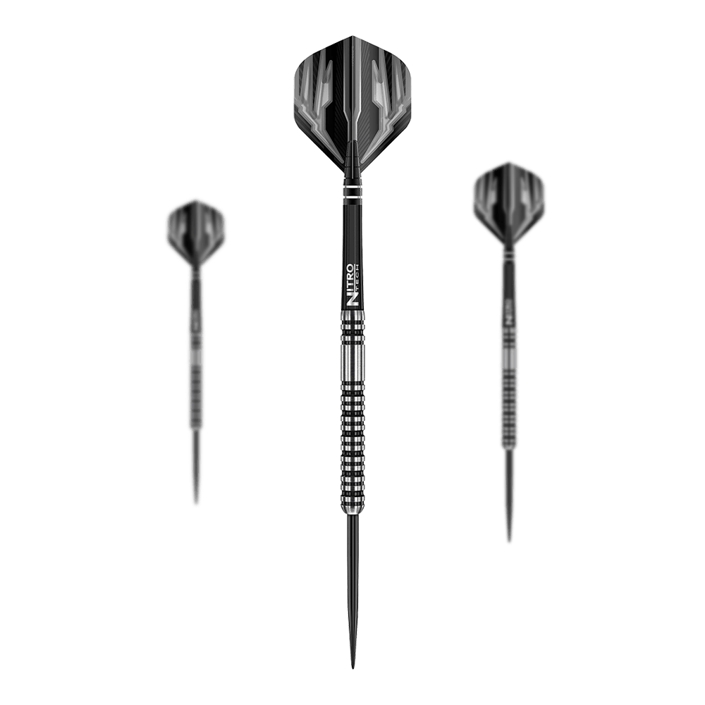 Red Dragon Dragonfly 3 fléchettes en acier Das Bild zeigt drei Steeldarts des Modells "Red Dragon Dragonfly 3". Die Darts haben ein schwarz-silbernes Design mit strukturiertem Griff.