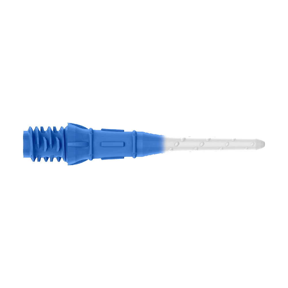 L-Style Premium Bicolore Lippoints (Paquet de 30) Das Bild zeigt eine Dartspitze mit zwei Farben, dunkelblau und weiß. Der hintere Teil ist dunkelblau, während der vordere Teil weiß ist.