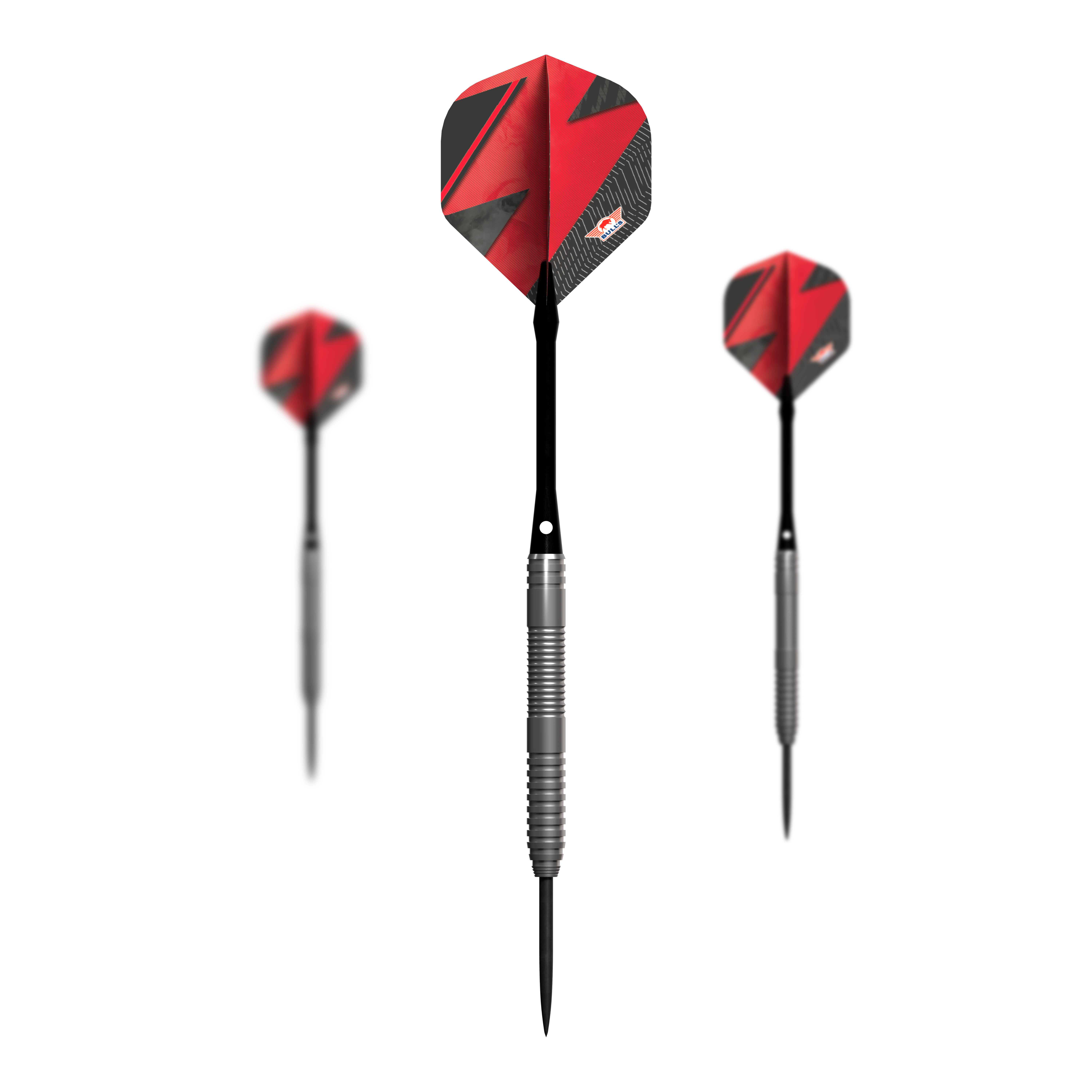 Fléchettes en acier rouge Bulls NL Lightning Das Bild zeigt drei Steeldarts mit silbernen Griffen und roten Flights. Es handelt sich um das Produkt "Bulls NL Lightning Red Steeldarts".