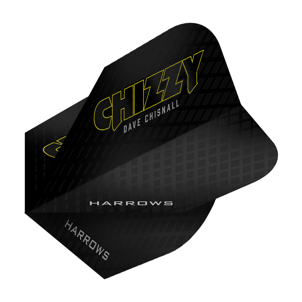 Les vols de la série 3 de Dave Chisnall Chizzy de Harrow Das Bild zeigt das Produkt „Harrows Dave Chisnall Chizzy Series 3 Flights“. Die Flights sind schwarz mit gelber Schrift und tragen den Namen „Chizzy“ sowie „Dave Chisnall“.