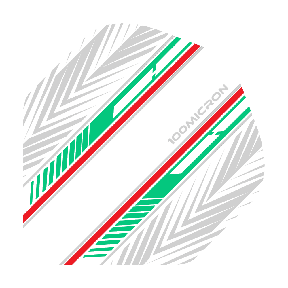 Vols de Pentathlon blanc/vert/rouge Das Bild zeigt einen Pentathlon White Green Red No2 Standard Flight für Darts. Das Design besteht aus weißen, grünen und roten Streifen sowie grauen Pfeilmustern auf weißem Hintergrund.