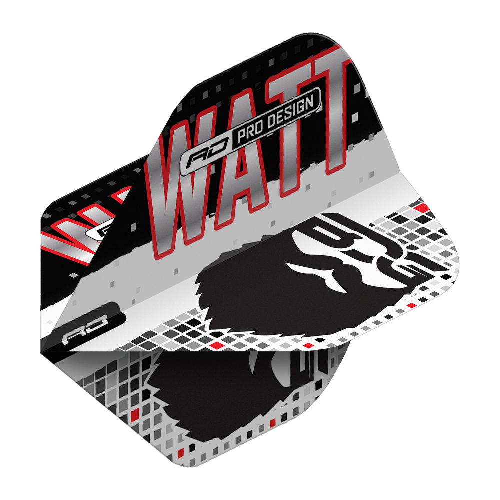 Vols Red Dragon Hardcore Jason Watt BDG Premium No2 Standard Das Bild zeigt die Red Dragon Hardcore Jason Watt BDG Premium No2 Standard Flights. Das Design ist in Schwarz, Weiß und Rot gehalten und trägt den Schriftzug "WATT" sowie eine stilisierte Grafik.