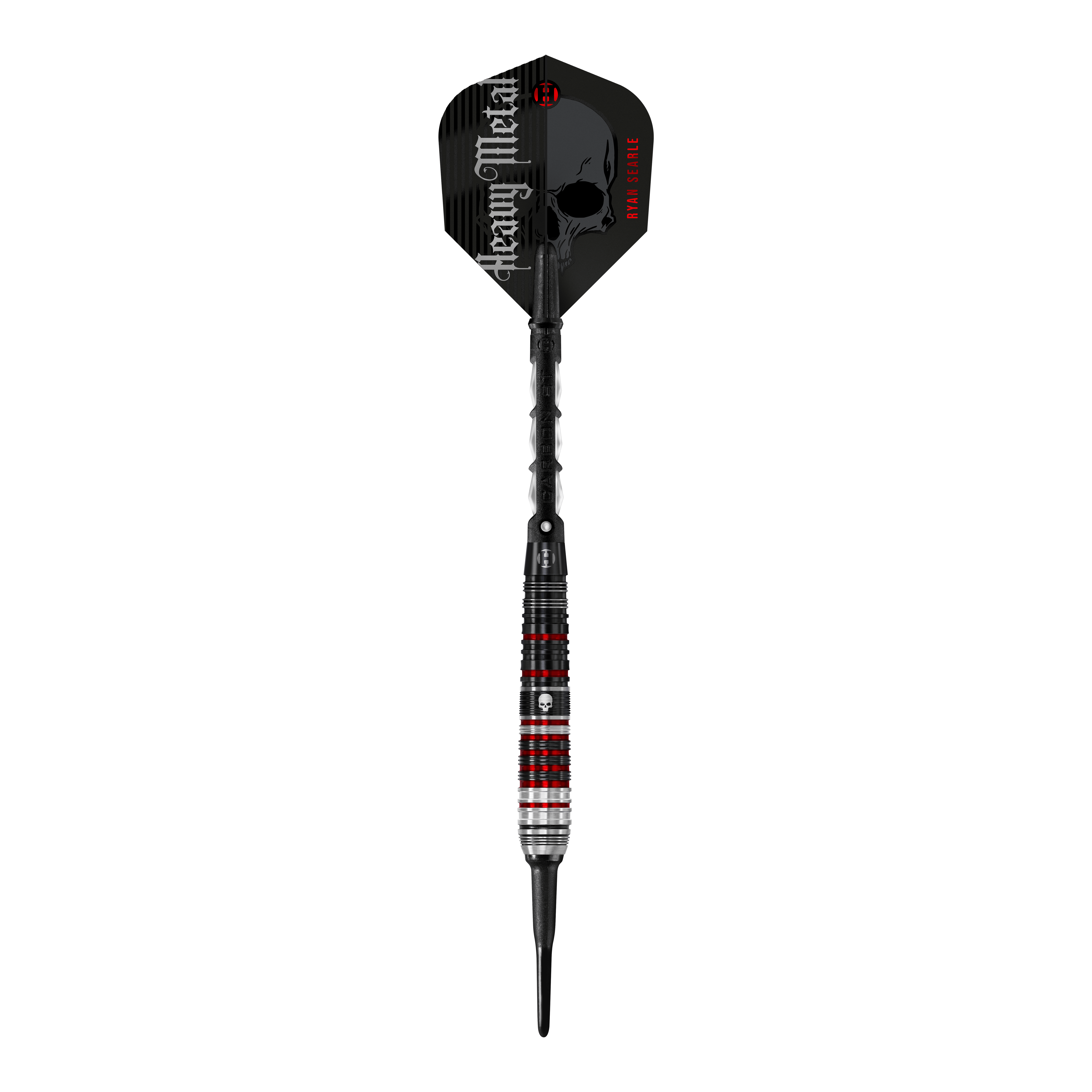 Fléchettes souples Ryan Searle Heavy Metal Series 2 de Harrow Das Bild zeigt einen Harrows Ryan Searle Heavy Metal Series 2 Softdart. Der Dartpfeil hat ein auffälliges Design mit schwarzen, roten und silbernen Akzenten sowie der Aufschrift "Heavy Metal" auf dem Flight.