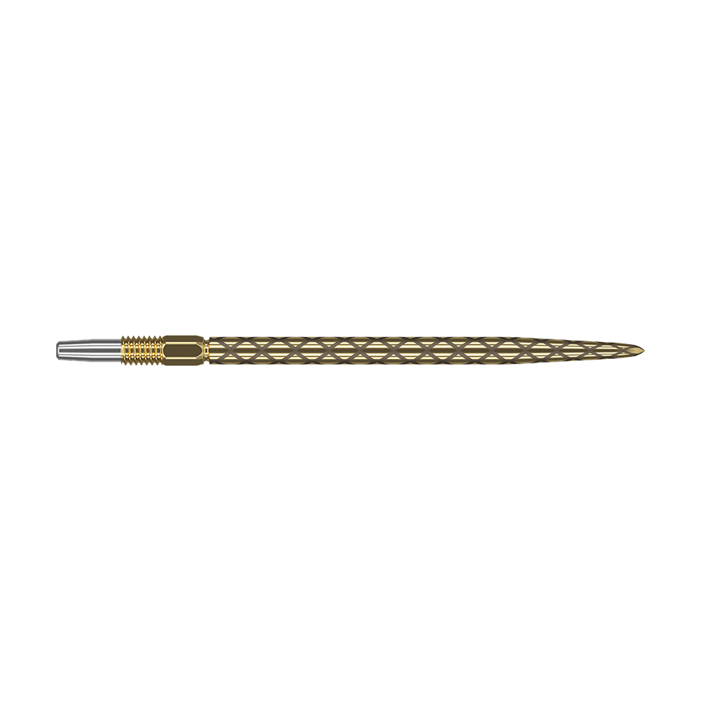 Pointes de fléchettes Target Swiss Diamond Pro Gold Das Bild zeigt eine goldene Dartspitze mit einem diamantförmigen Muster. Die Spitze ist schmal und hat am vorderen Ende einen silbernen Bereich.