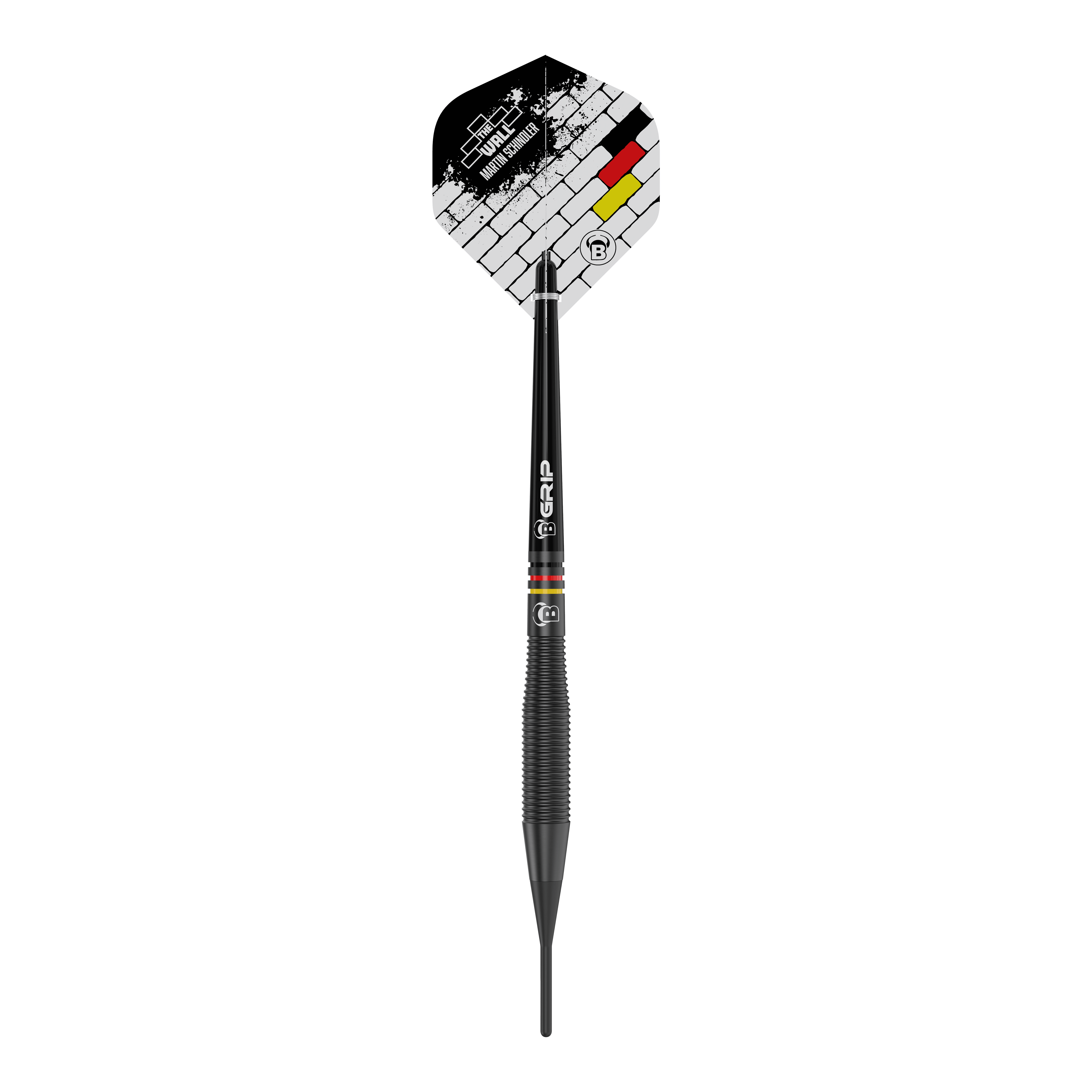 Dies ist ein schwarzer Softdart namens "Bulls Martin Schindler The Wall Black Brass" mit einem Gewicht von 18 Gramm. Auf dem Flight sind ein Mauer-Design und die Farben der deutschen Flagge zu sehen.