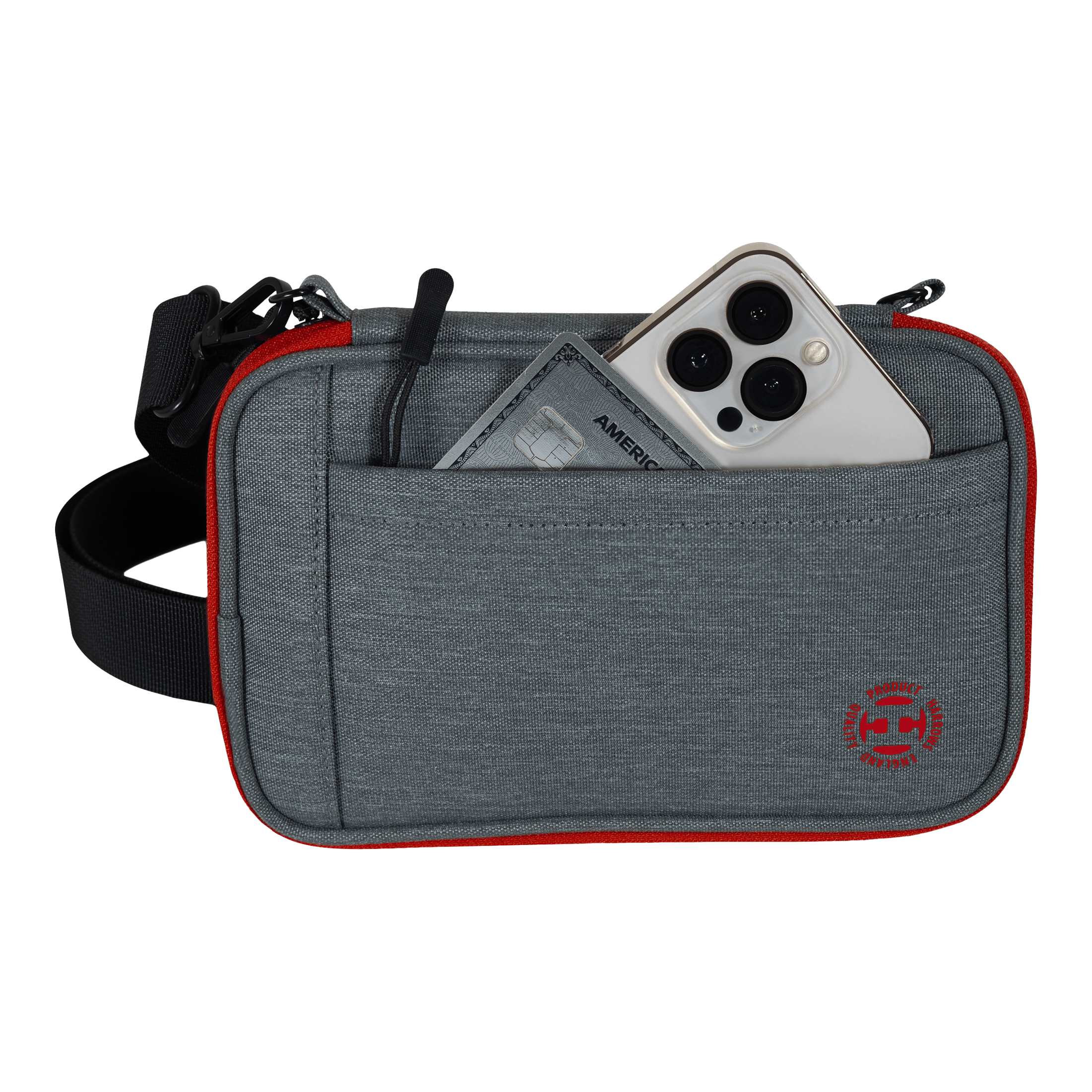 Portefeuille à fléchettes Harrows Smart Case XL Das Bild zeigt eine graue Tasche mit rotem Rand und einem schwarzen Gurt. In der Vordertasche stecken ein Smartphone und eine Kreditkarte.
