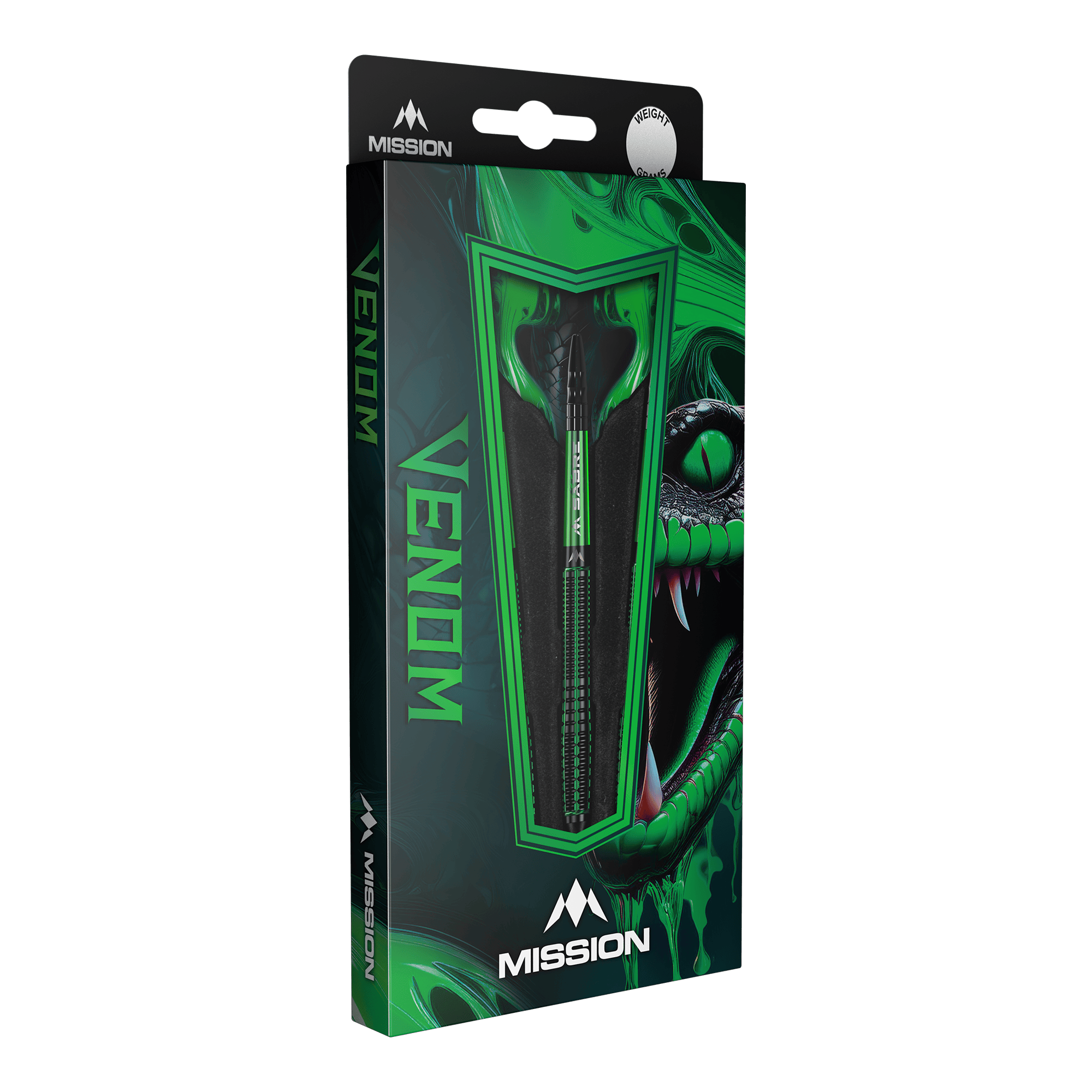 Fléchettes souples Mission Venom - 20 g Die Abbildung zeigt die Verpackung der "Mission Venom Softdarts - 20g". Das Design ist in Grün gehalten und zeigt einen Schlangenkopf sowie den Schriftzug "Venom".