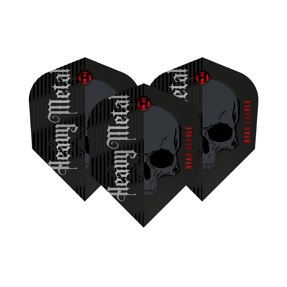 Vols de la série 2 de Heavy Metal de Ryan Searle de Harrow Das Bild zeigt drei Dartflights der Serie "Harrows Ryan Searle Heavy Metal Series 2". Die Flights sind schwarz mit einem Totenkopf-Design und den Aufschriften „Heavy Metal“ und „Ryan Searle“.
