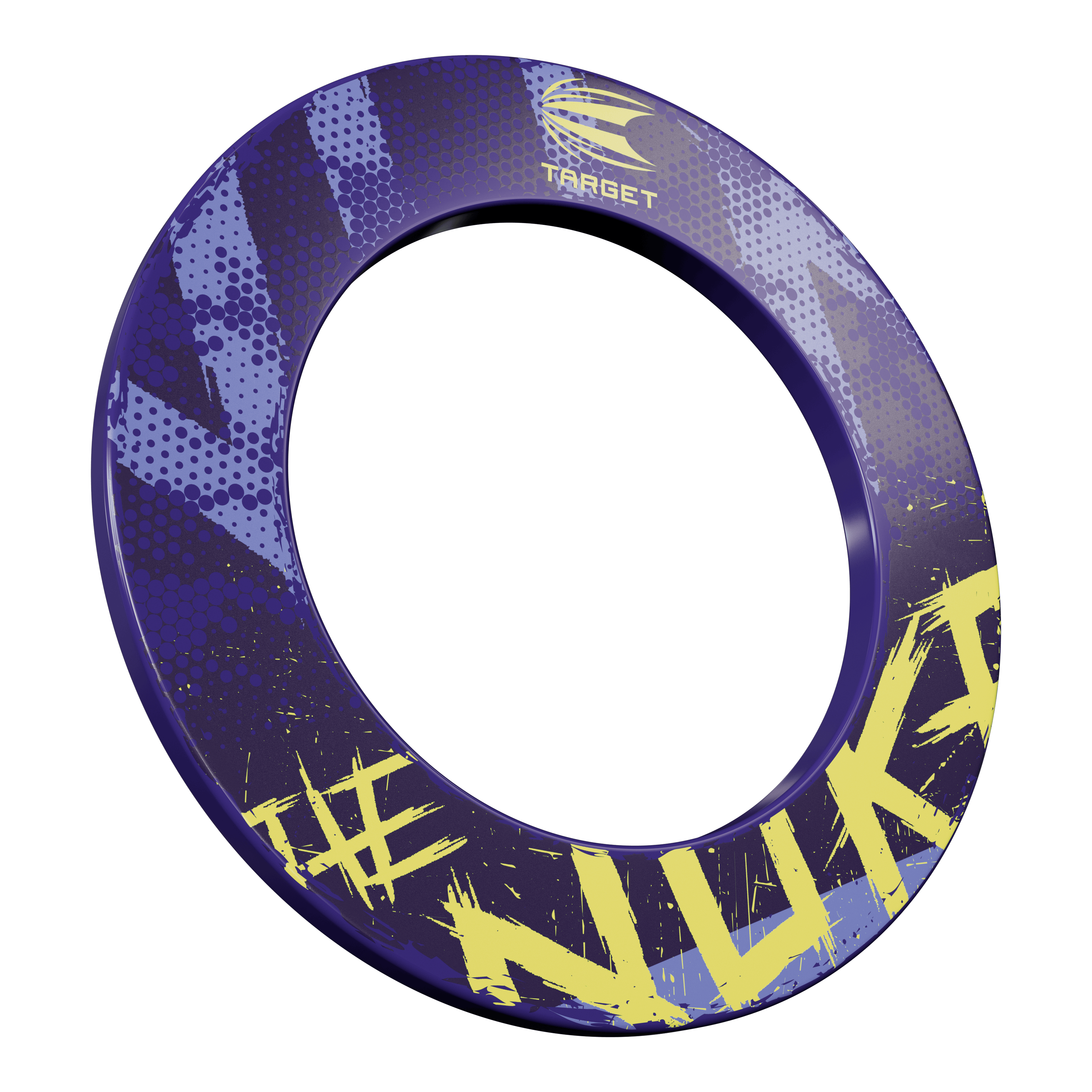 Target Luke Littler Le cercle de fléchettes Nuke Das Bild zeigt eine Dartboard-Umrandung mit dem Namen „Target Luke Littler The Nuke Dartboard Surround“. Die Umrandung ist hauptsächlich lila mit gelben Schriftzügen und Mustern gestaltet.