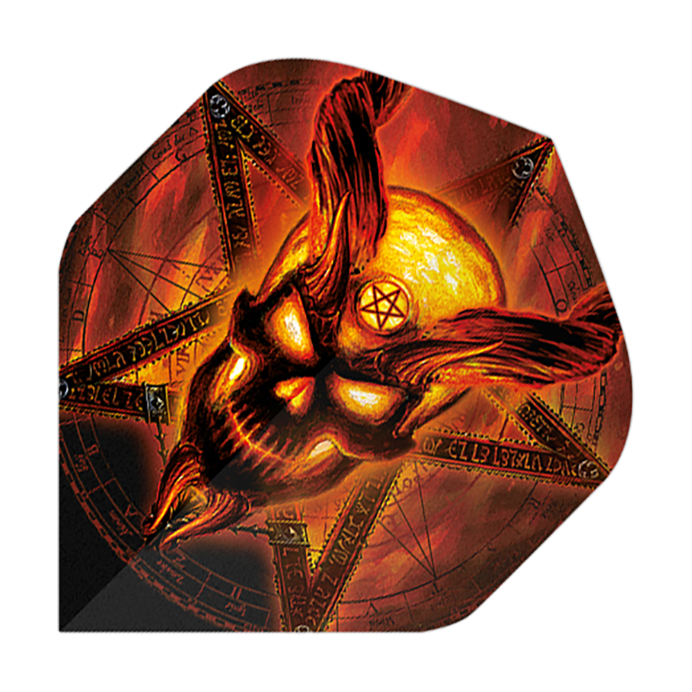 Alchemy Burning Temple No2 Vols standards Das Bild zeigt einen Dartflight mit einem brennenden, dämonischen Schädel und einem Pentagramm im Hintergrund. Die Farben sind hauptsächlich in Rot-, Orange- und Gelbtönen gehalten, was das feurige Design betont.