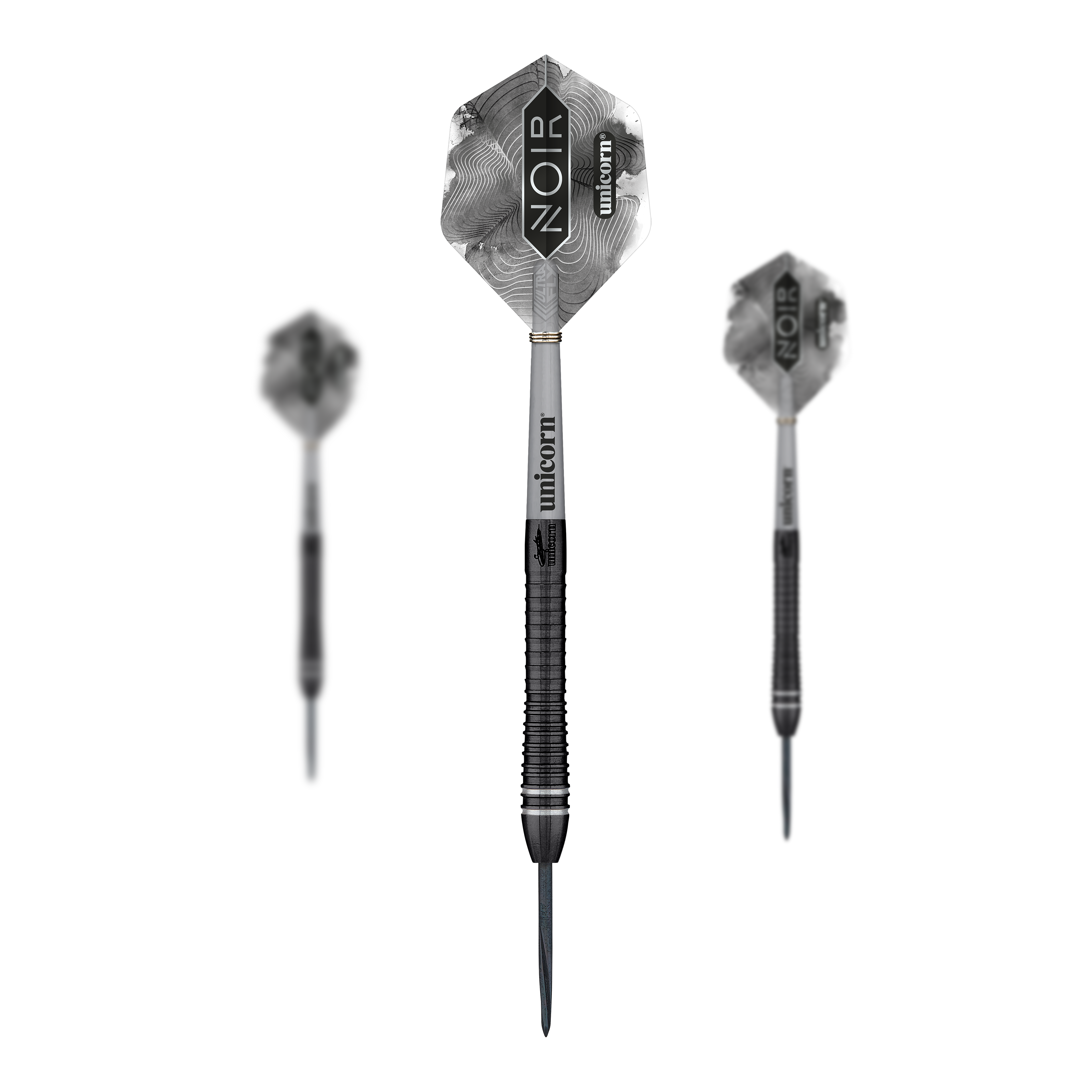 Gary Anderson, champion du monde de la licorne, fléchettes Steeldarts Noir Phase 6 Das Bild zeigt drei Steeldarts des Modells „Unicorn World Champion Gary Anderson Noir Phase 6“. Die Pfeile sind schwarz-silber und tragen die Aufschrift „NOIR“ und „unicorn“ auf den Flights.