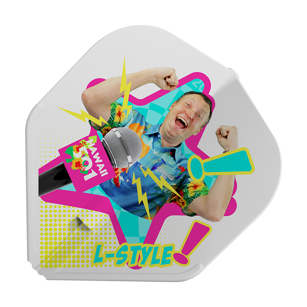 Vols blancs Wayne Mardle Type B L1EZ de style L Das Bild zeigt das Produkt "L-Style Wayne Mardle Type B L1EZ White Flights" mit einem bunten Design. In der Mitte ist eine fröhliche Person abgebildet, umgeben von Mikrofon, Blitzen und dem Schriftzug "L-Style".