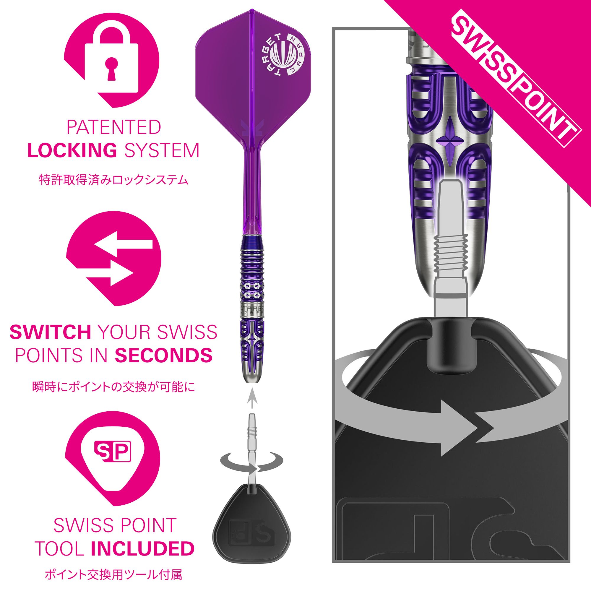 Hier sind die Target Japan Endeavour Kasumi Sato GEN3 Swiss Point Steeldarts zu sehen. Die Aufnahme zeigt die Darts aus einer Detailperspektive.