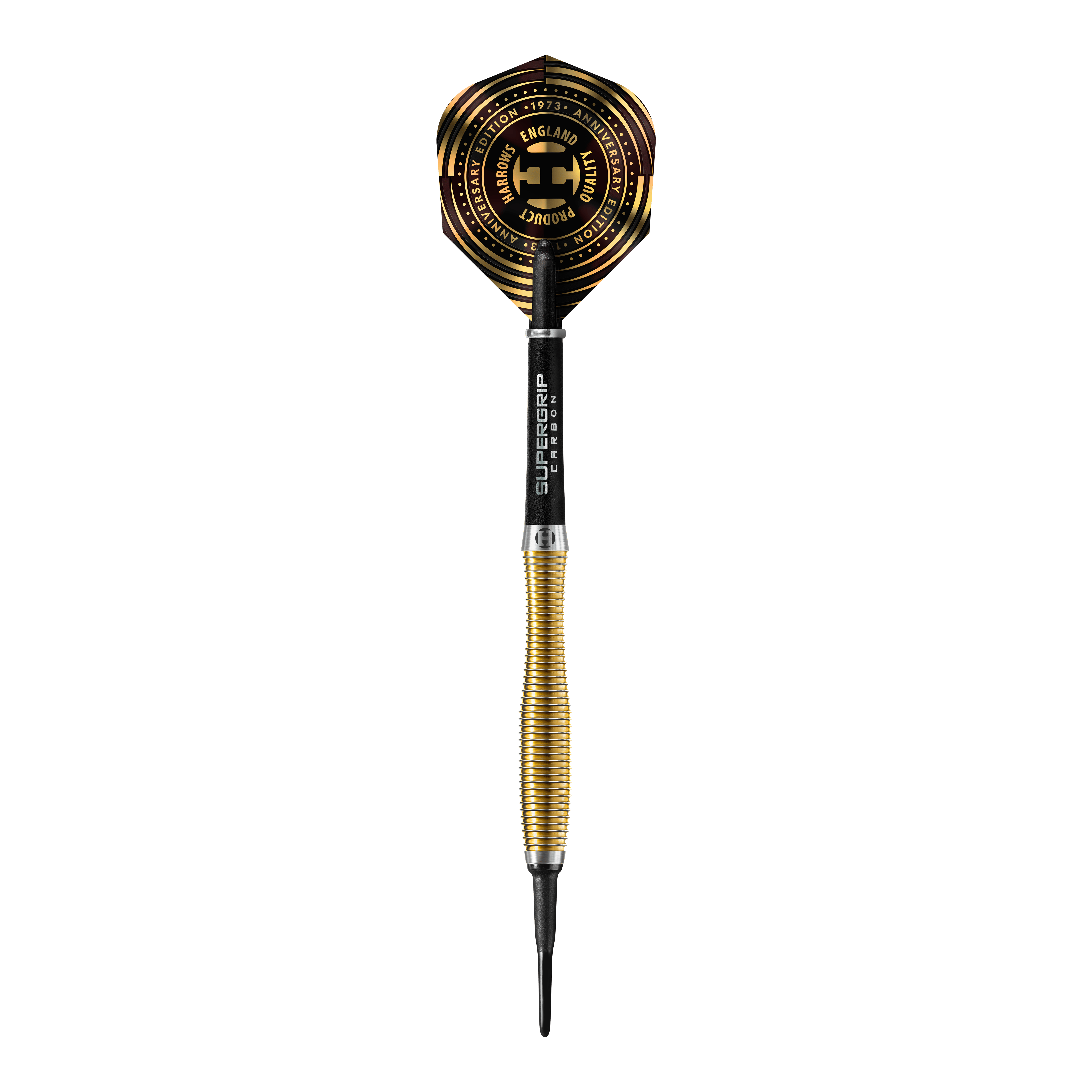 Fléchettes souples Harrows édition anniversaire V-Wing - 18 g Das Bild zeigt einen Harrows Anniversary Edition V-Wing Softdart mit einem Gewicht von 18g. Der Dartpfeil hat einen goldfarbenen, gerillten Schaft und ein auffälliges Flight-Design in Schwarz und Gold.