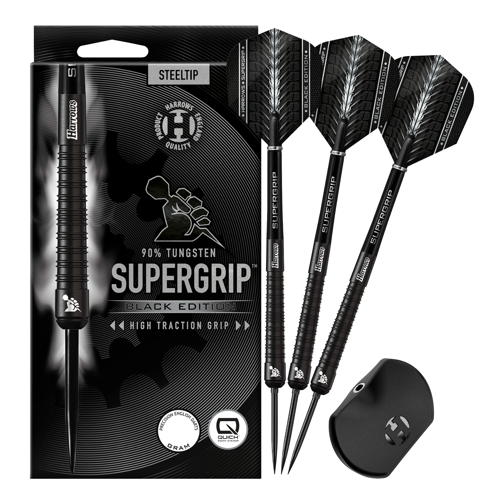 Fléchettes en acier à pointe rapide Harrows Supergrip 90 Black Edition Harrows Supergrip 90 Black Edition Quick Point Steeldarts zeigen ein edles schwarzes Aussehen. Sie sind perfekt für ambitionierte Dartspieler geeignet.