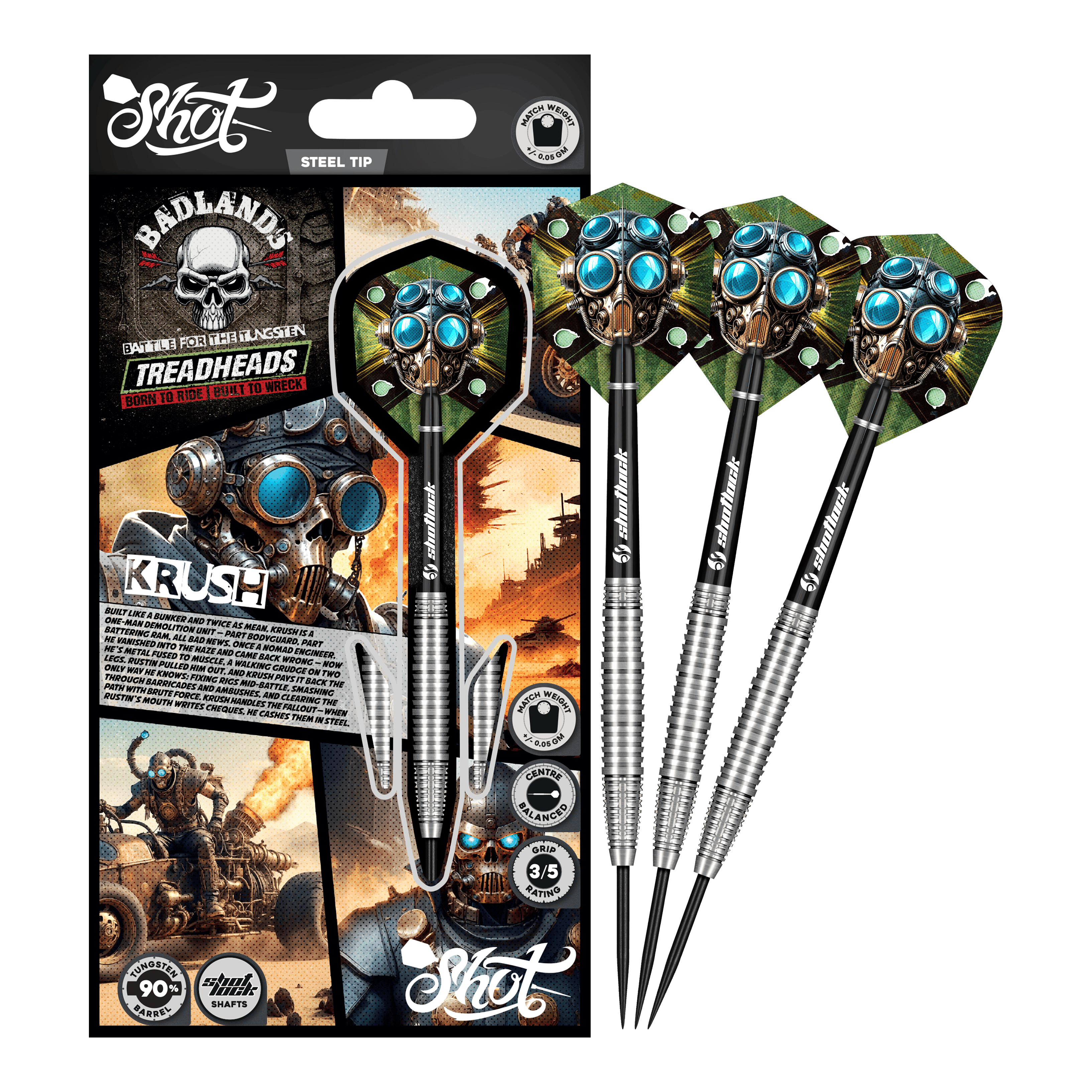 Fléchettes en acier Shot Badlands Krush Dargestellt ist das komplette Shot Badlands Krush Steeldarts Set. Das Produkt ist ideal zum gezielten Werfen.