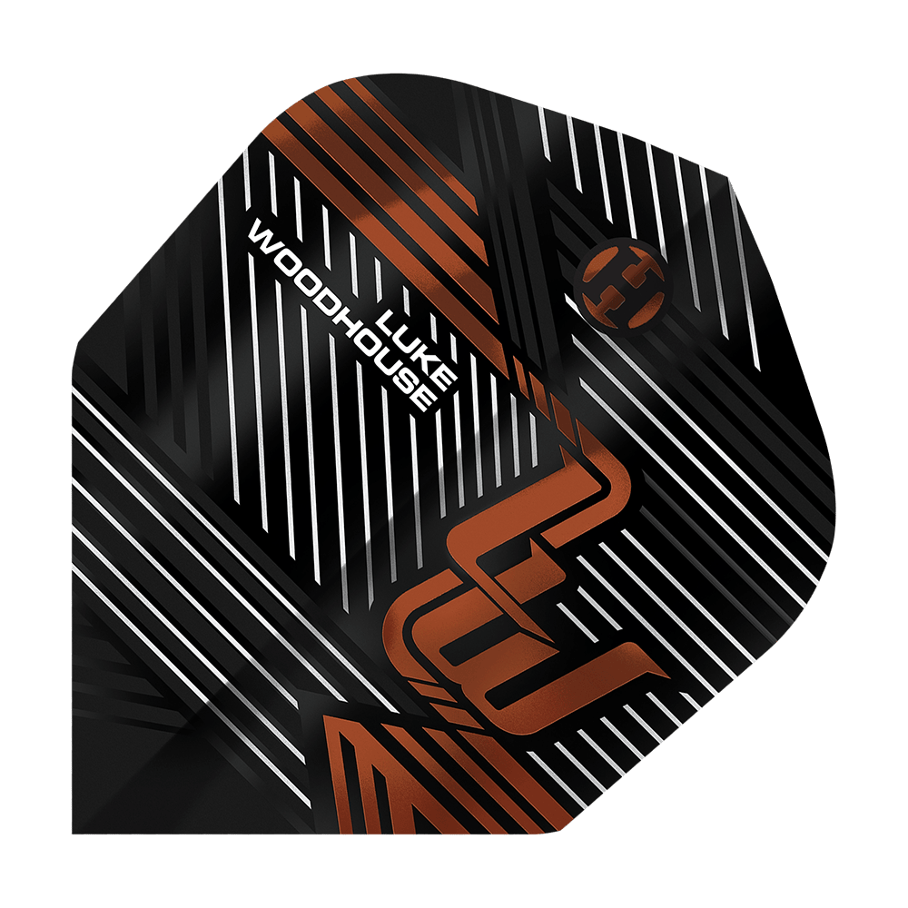 Vols de la saison 2 de Luke Woodhouse de Harrow Das Bild zeigt das Produkt "Harrows Luke Woodhouse Series 2 Flights". Auf dem Flight sind schwarze, weiße und kupferfarbene Linien mit dem Namen "Luke Woodhouse" abgebildet.