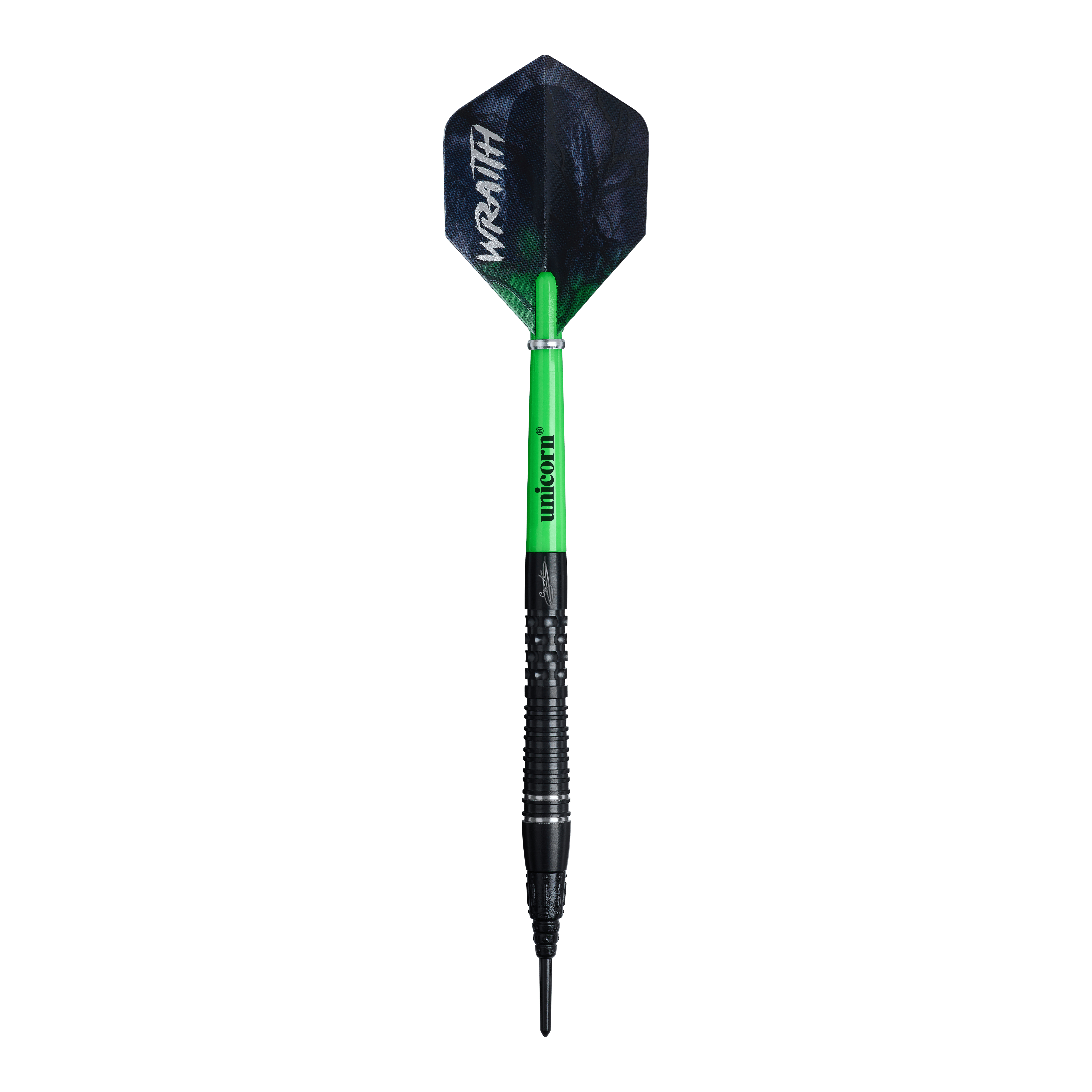 Fléchettes souples Unicorn Wraith Gary Anderson Phase 6 - 20 g Unicorn Wraith Gary Anderson Phase 6 Softdarts mit einem Gewicht von 20g ist zu sehen. Der Softdart wird von der Seite gezeigt.