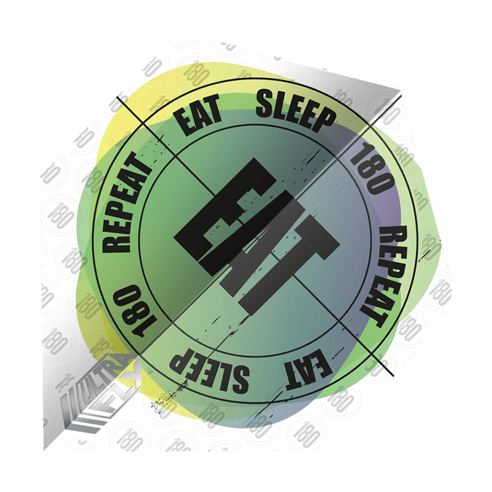 UN35_69020_Unicorn_Ultrafly_100_Eat_Sleep_180_Repeat_Plus_4-Motiv-Flights_1 Das Bild zeigt einen Dartflight mit dem Text "EAT SLEEP 180 REPEAT" in einem kreisförmigen Design. In der Mitte steht das Wort "EAT" in großen Buchstaben.