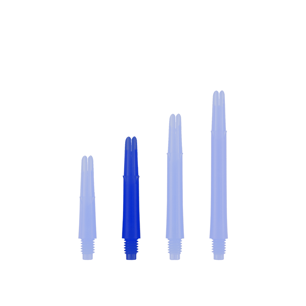 Arbres en L verrouillés droits - Bleus Auf dem Bild sind vier blaue Dartschäfte in unterschiedlichen Längen zu sehen. Sie stehen nebeneinander aufrecht vor weißem Hintergrund.