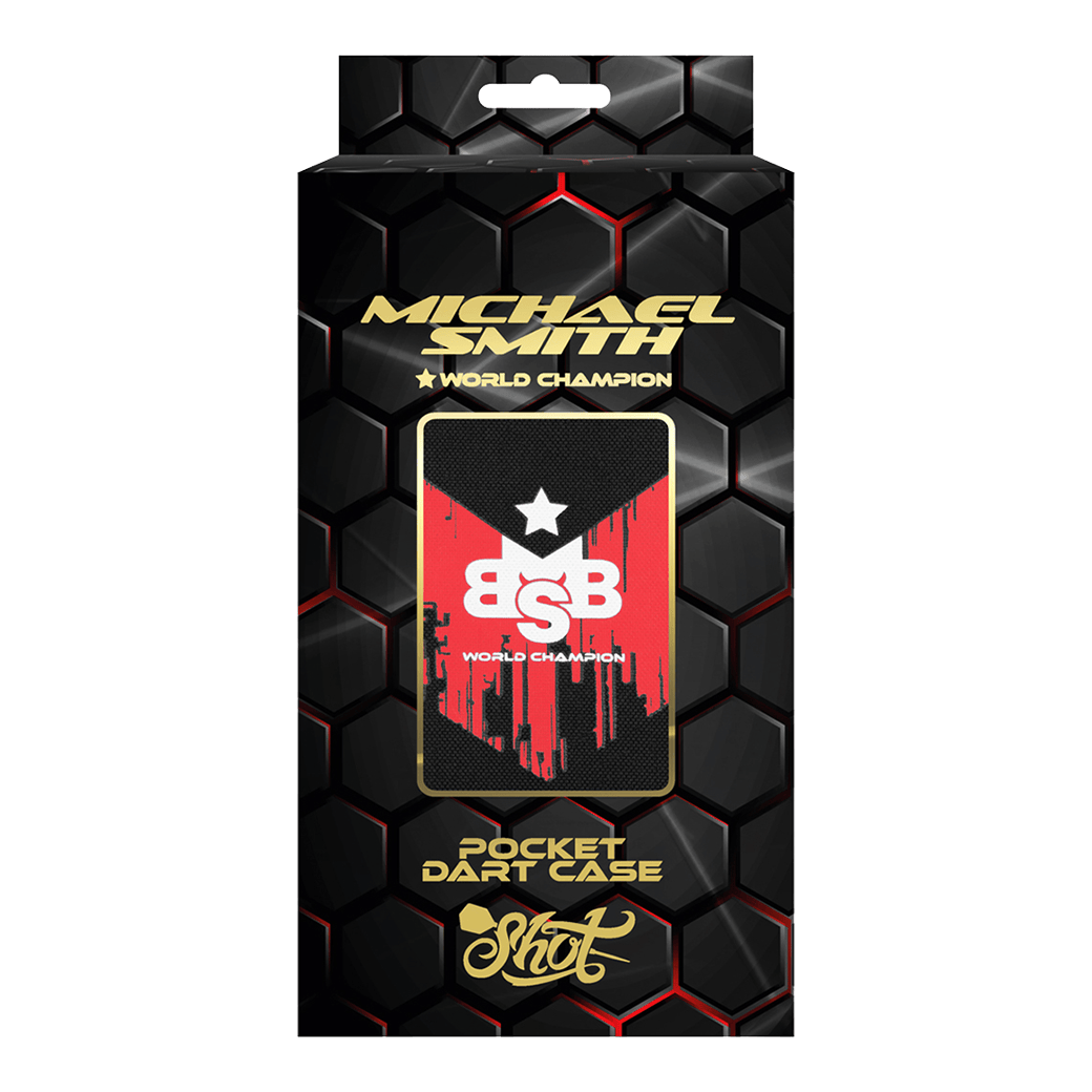 Étui à fléchettes de poche Shot Michael Smith World Champion - Victory Die Abbildung zeigt die Verpackung des Produkts "Shot Michael Smith World Champion Pocket Dartcase - Victory". Das Design ist schwarz mit goldener Schrift und hebt das Dartcase sowie den Titel "World Champion" hervor.