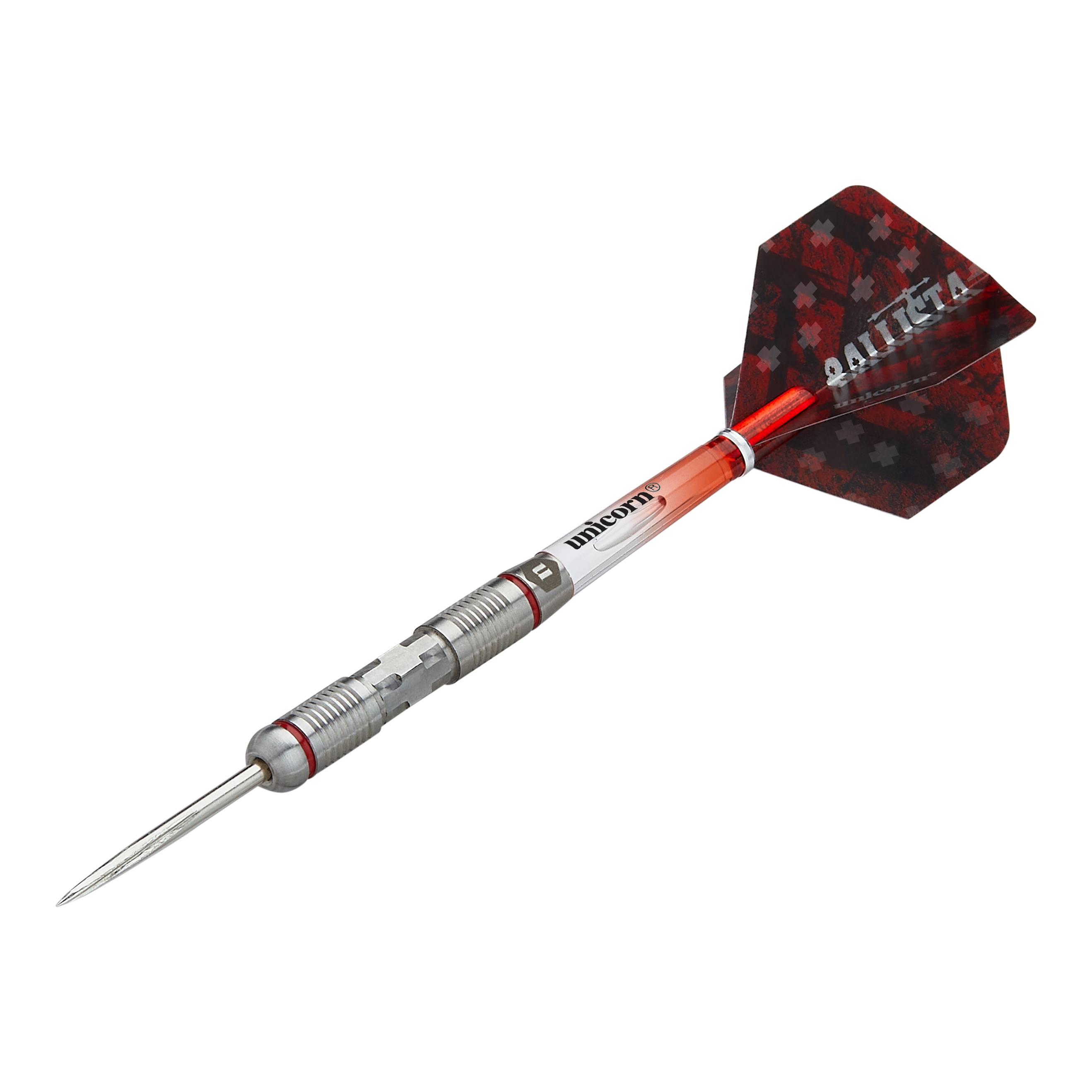 Fléchettes en acier Unicorn Ballista Style 2 Das Bild zeigt den Steeldart "Unicorn Ballista Style 2". Der Dart hat einen silbernen Metallkörper mit roten Akzenten und schwarze Flights mit rotem Muster.