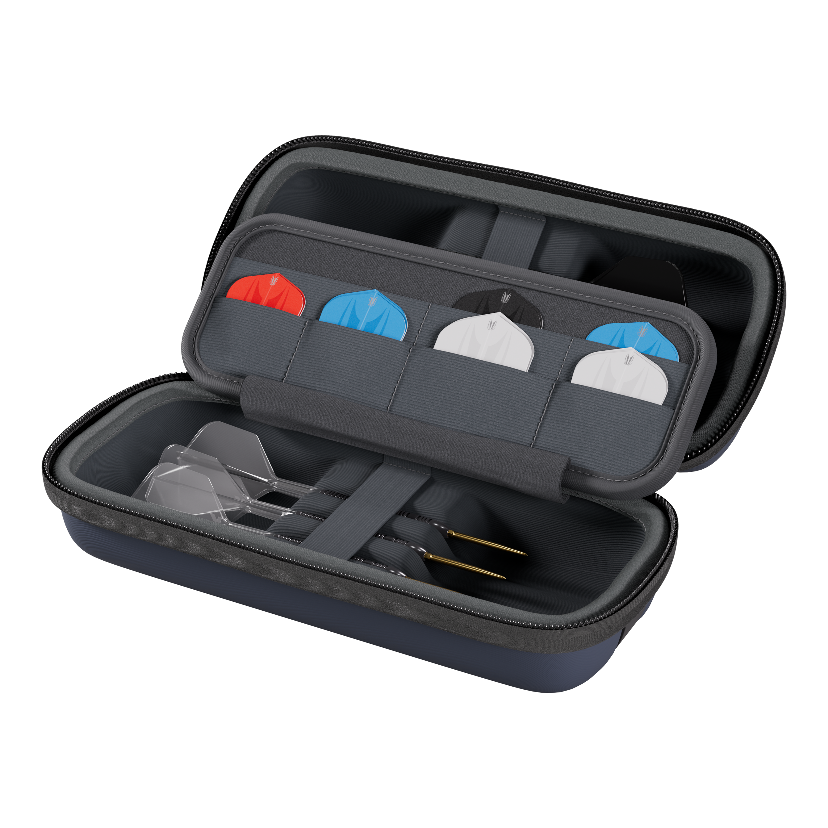 Das Bild zeigt ein weiteres Target BOA Dartcase in Navy und Dunkelgrau. Es ist ideal für den Transport von Darts und Zubehör geeignet.