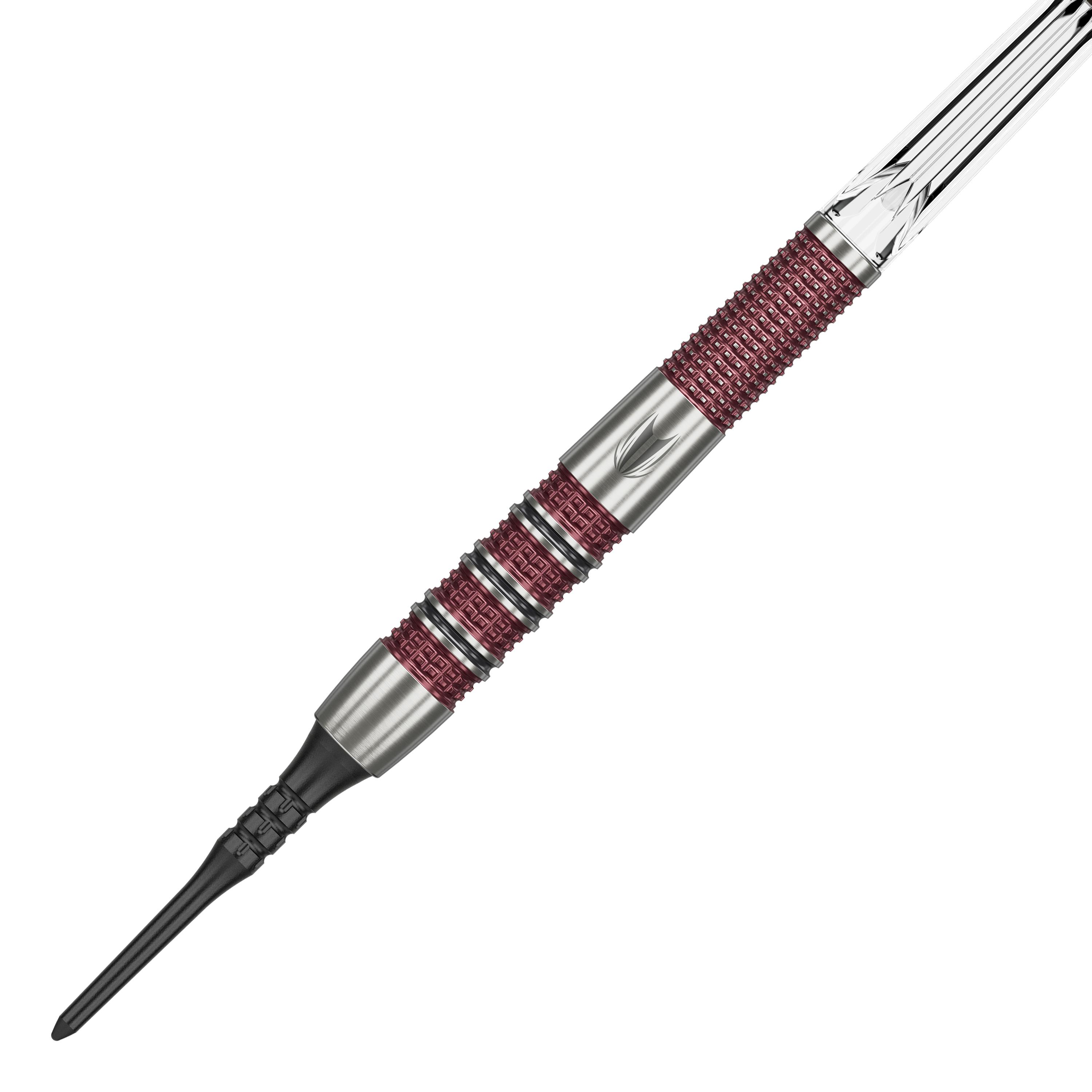 Fléchettes souples Target Stephen Bunting 95K - 19 g Das Bild zeigt einen Target Stephen Bunting 95K Softdart mit einem Gewicht von 19 Gramm. Der Dart hat ein silbernes und rotes Griffdesign mit einer schwarzen Softspitze.