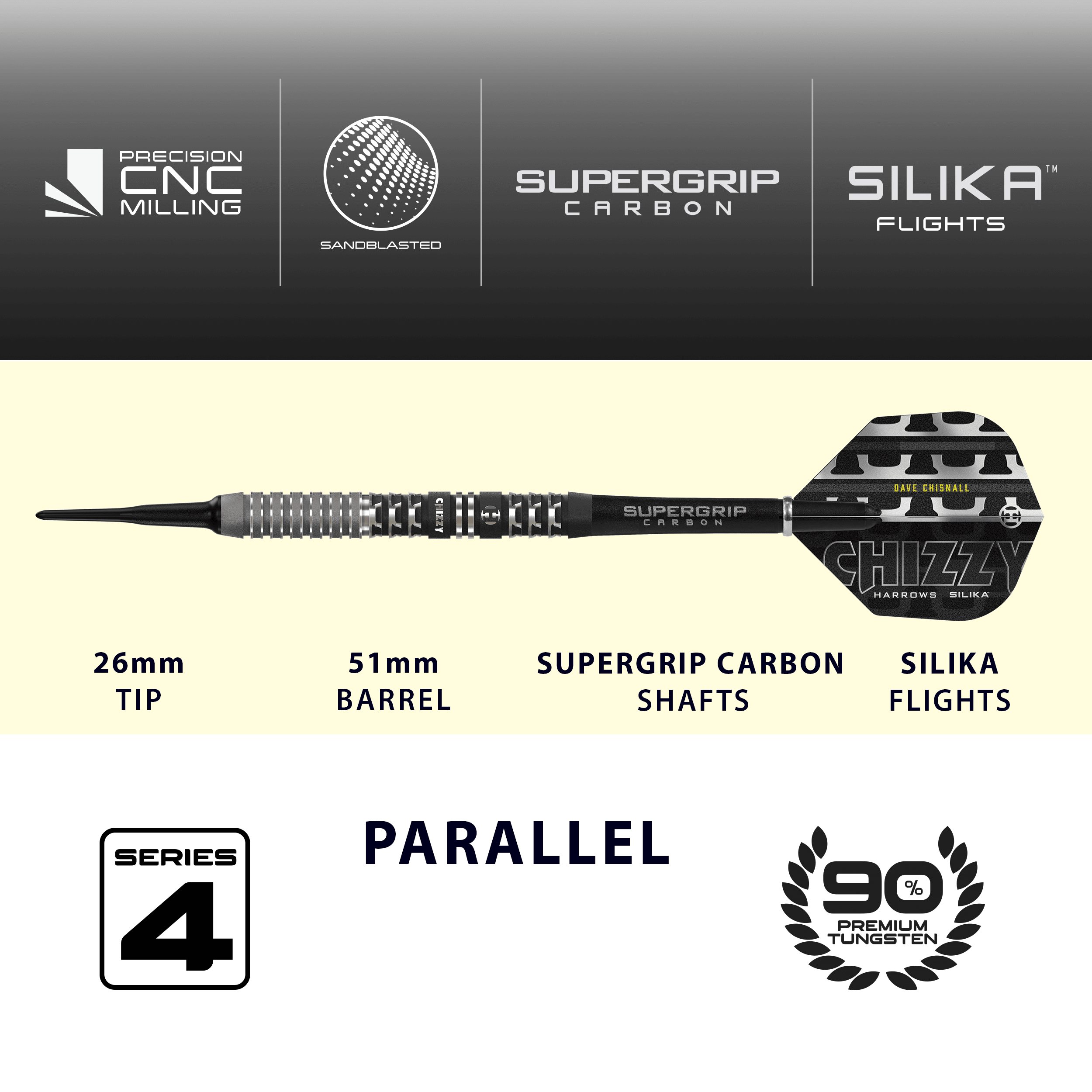 Fléchettes souples Dave Chisnall Chizzy Series 4 de Harrow Das Produkt ist die Harrows Dave Chisnall Chizzy Series 4 Softdarts. Es richtet sich an Spieler, die Softdarts bevorzugen.