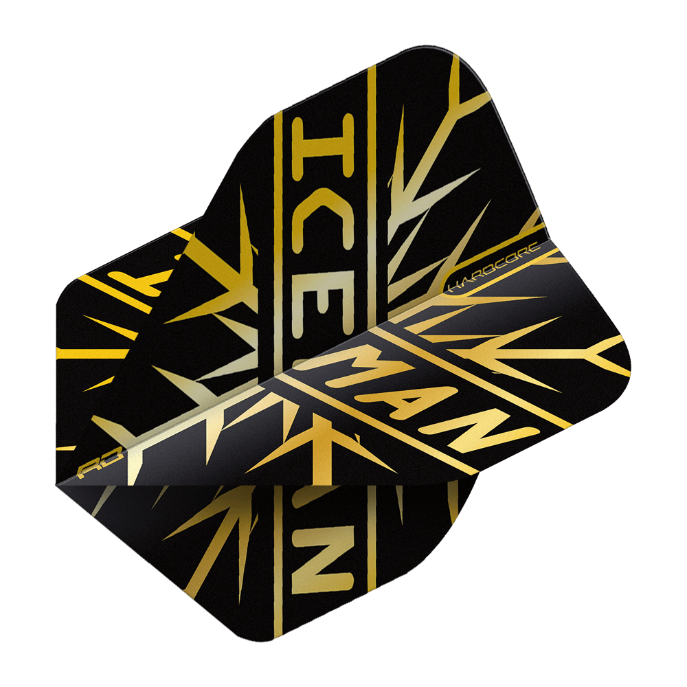 Das Bild zeigt einen schwarzen Dart Flight mit goldfarbenem Schneeflockenmuster und dem Schriftzug "ICEMAN". Es handelt sich um das Produkt "Red Dragon Hardcore Gerwyn Price Gold Snowflake Standard Flights".