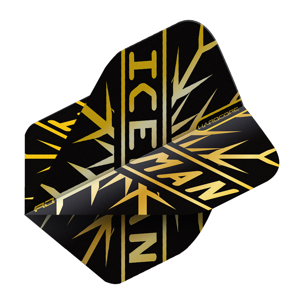 TF6844_Red_Dragon_Hardcore_Gerwyn_Price_Gold_Snowflake_Standard_Flights_2ayv7XRL8q6go3 Das Bild zeigt einen schwarzen Dart Flight mit goldfarbenem Schneeflockenmuster und dem Schriftzug "ICEMAN". Es handelt sich um das Produkt "Red Dragon Hardcore Gerwyn Price Gold Snowflake Standard Flights".