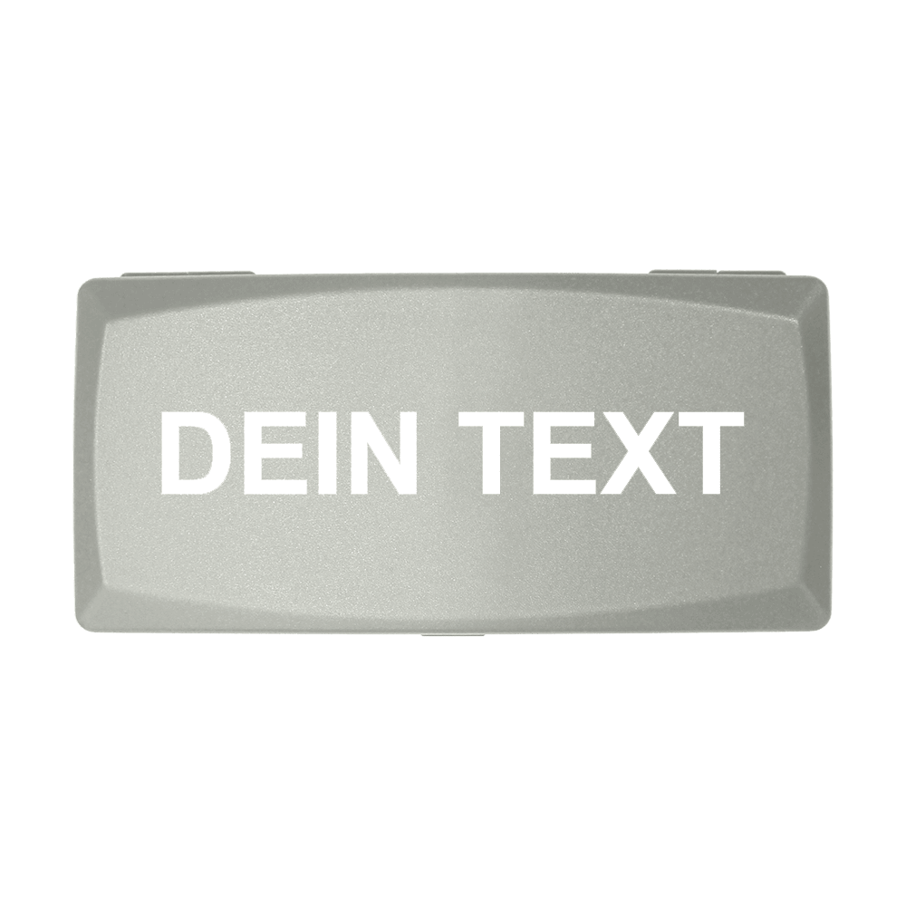 Boîte en ABS avec impression personnalisée Auf dem Bild ist eine graue Box zu sehen. Auf der Box steht in weißen Buchstaben "DEIN TEXT".